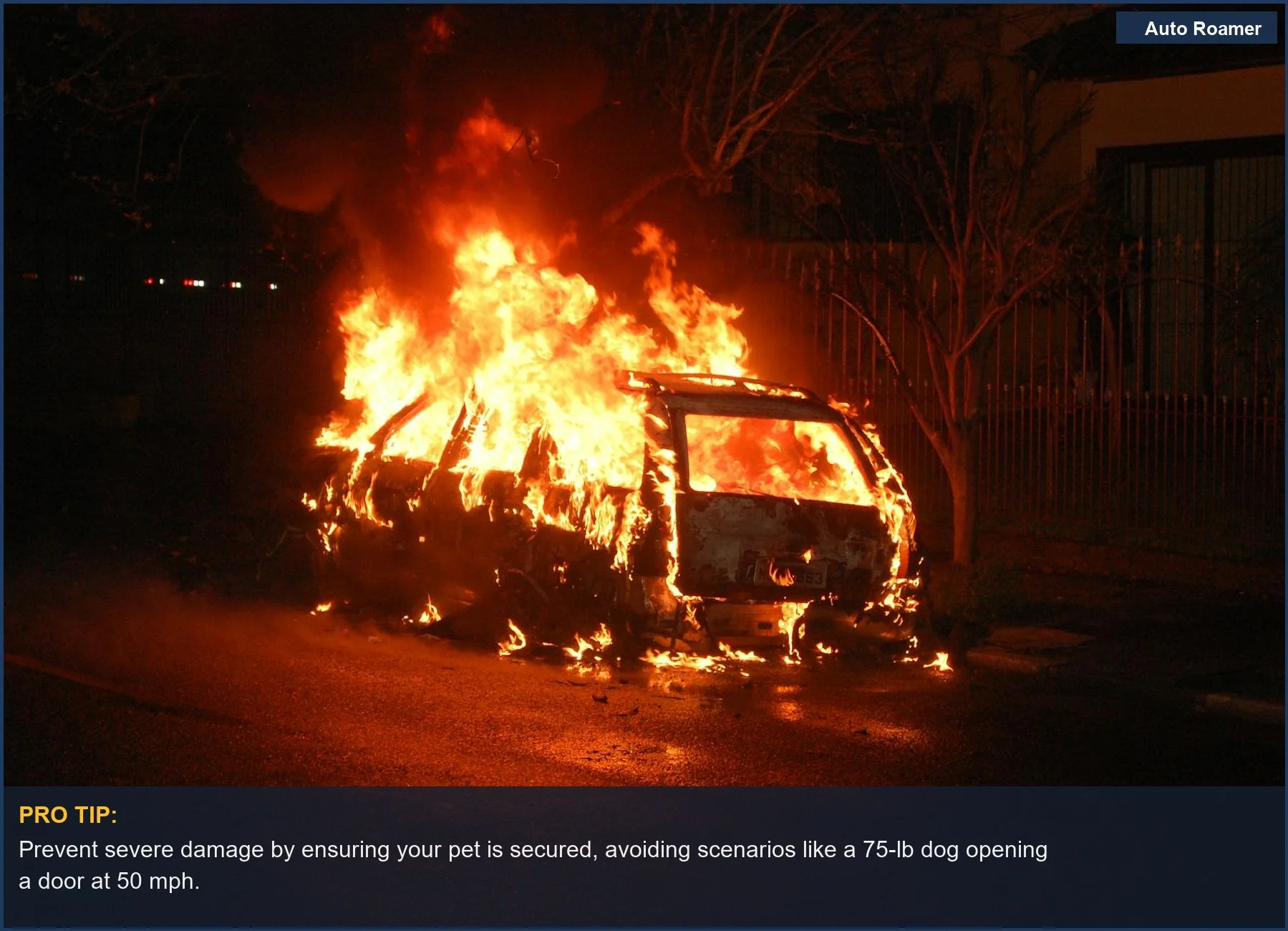 Car engulfed in flames, a dramatic outcome of a pet's actions leading to a severe vehicle breakdown.