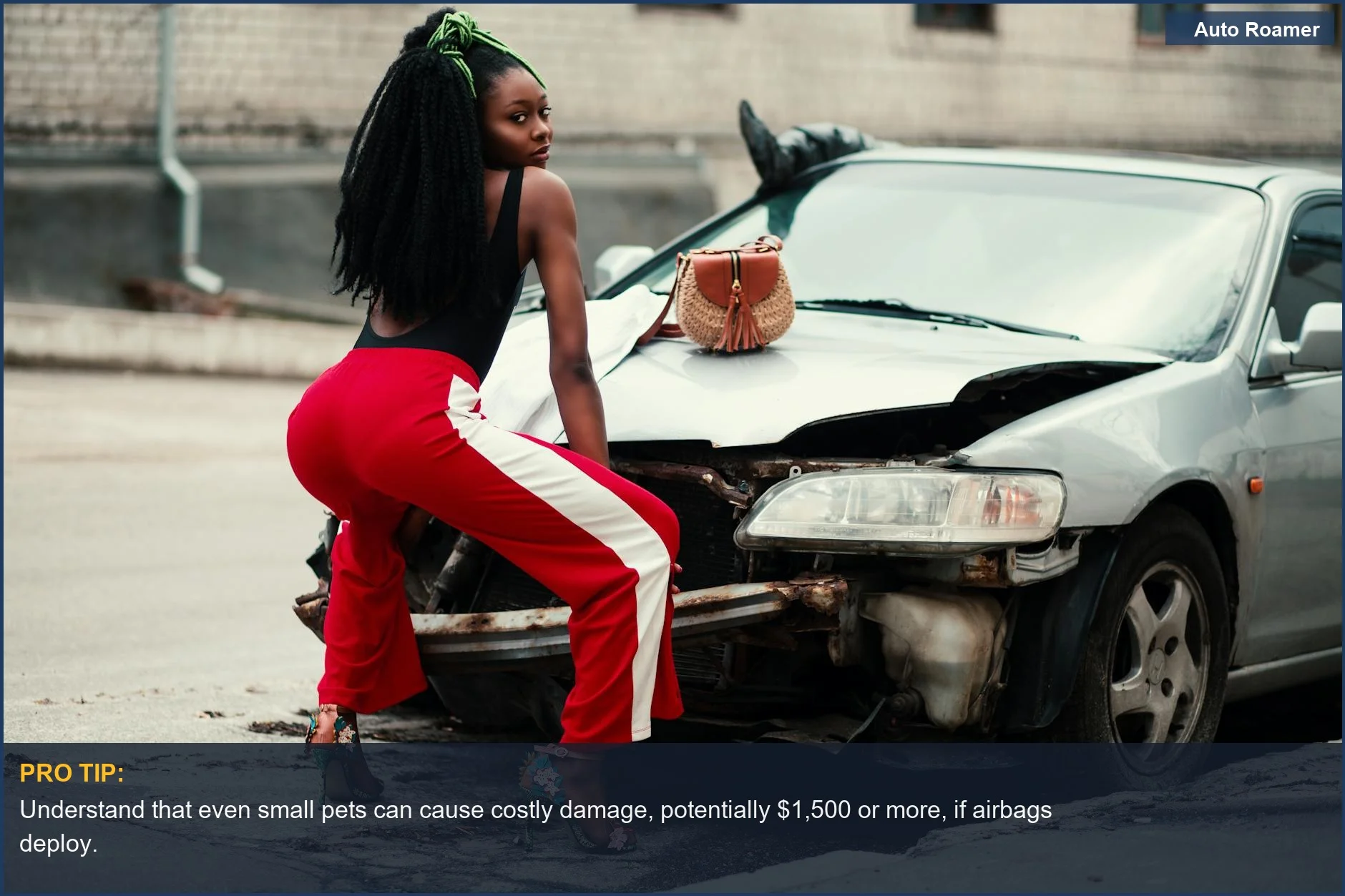 Woman by a damaged car after a pet-related incident, highlighting the consequences of pet distraction in cars.