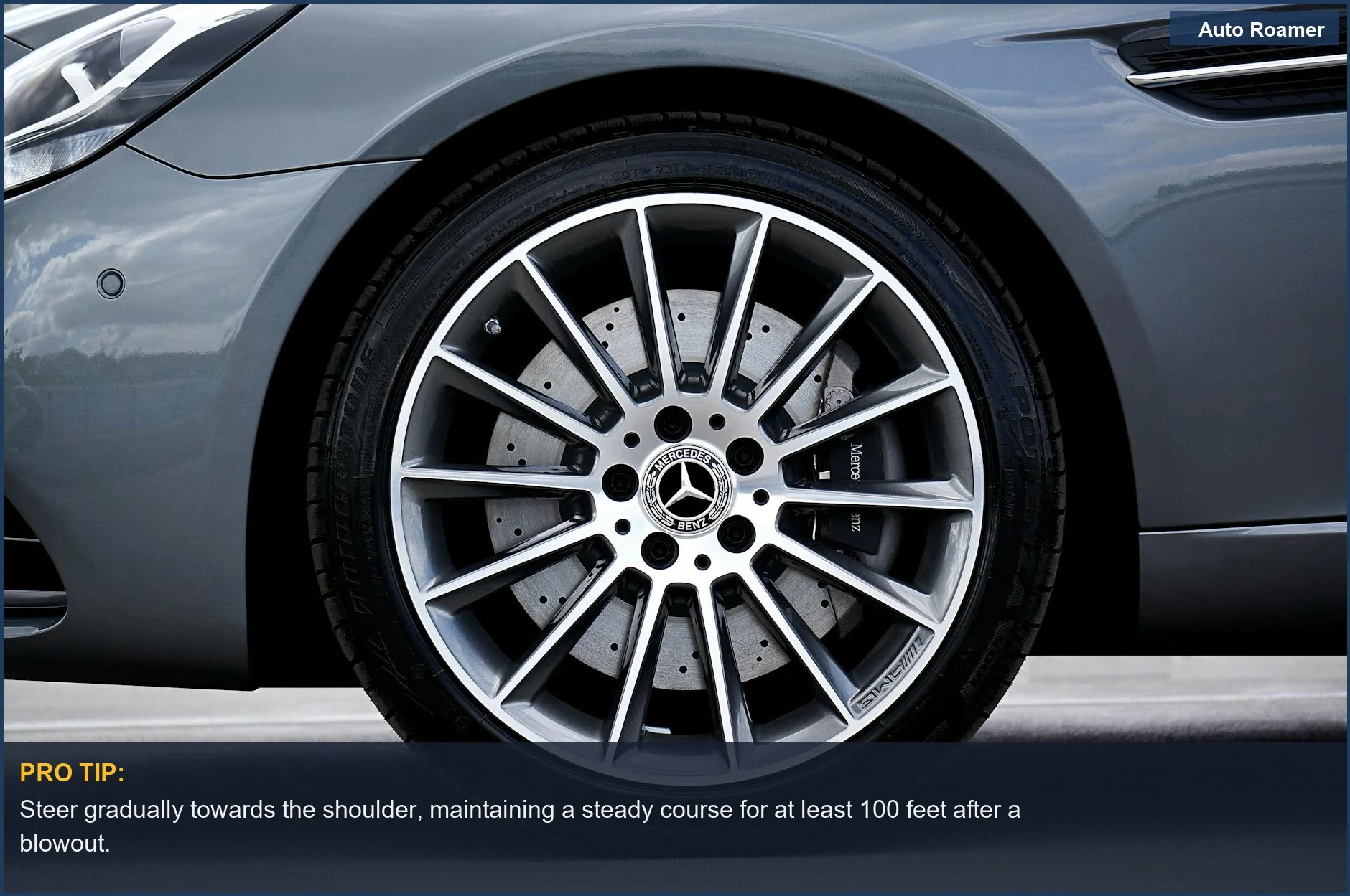Close-up of a premium car tire and alloy wheel, highlighting vehicle components that can fail.