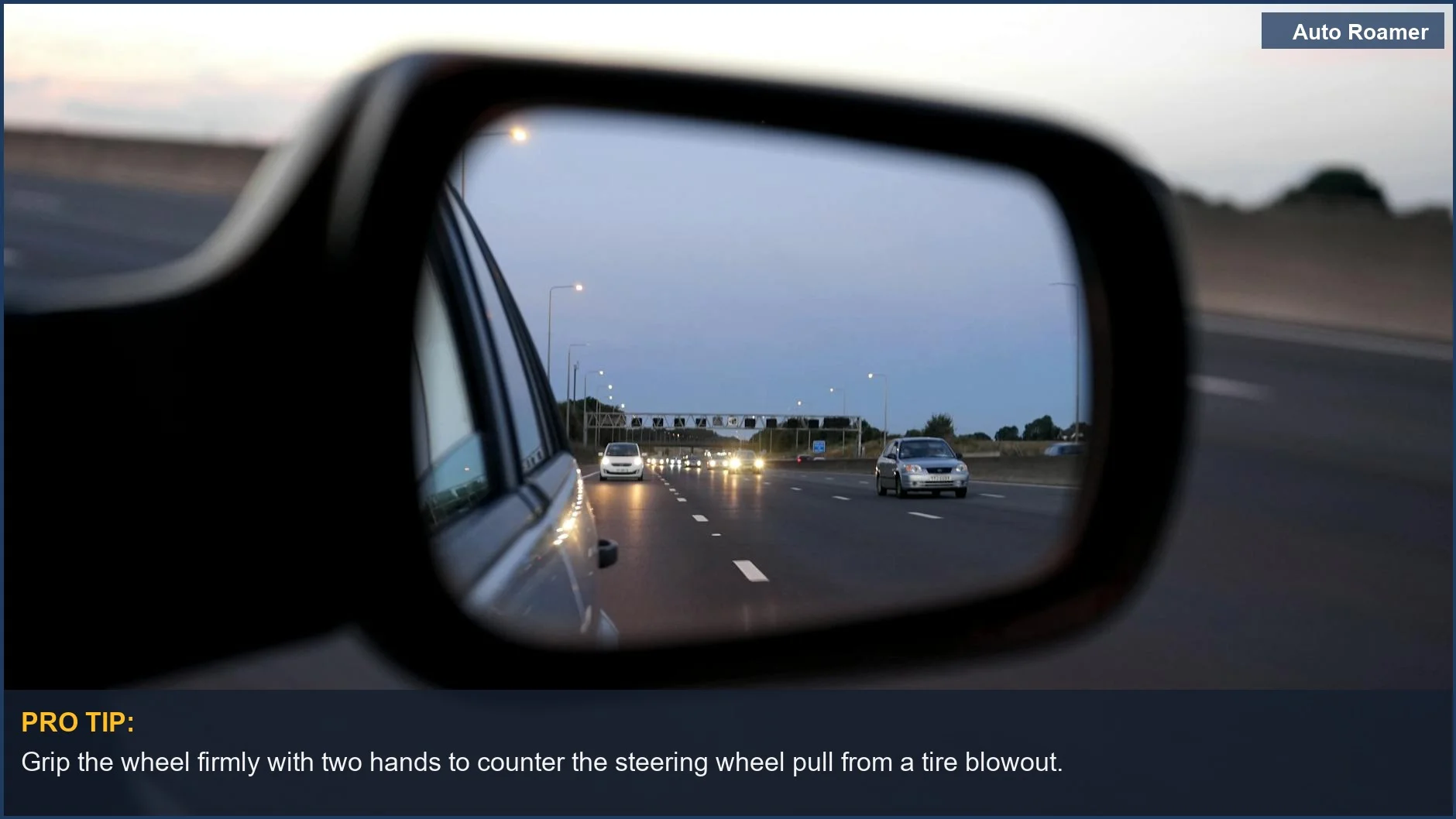 Twilight highway view through a car mirror, showing traffic and the potential for a tire blowout.