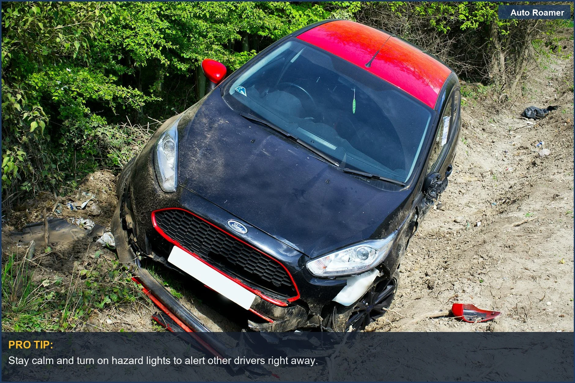 Accident scene with a damaged car on a dirt road after a deer collision.