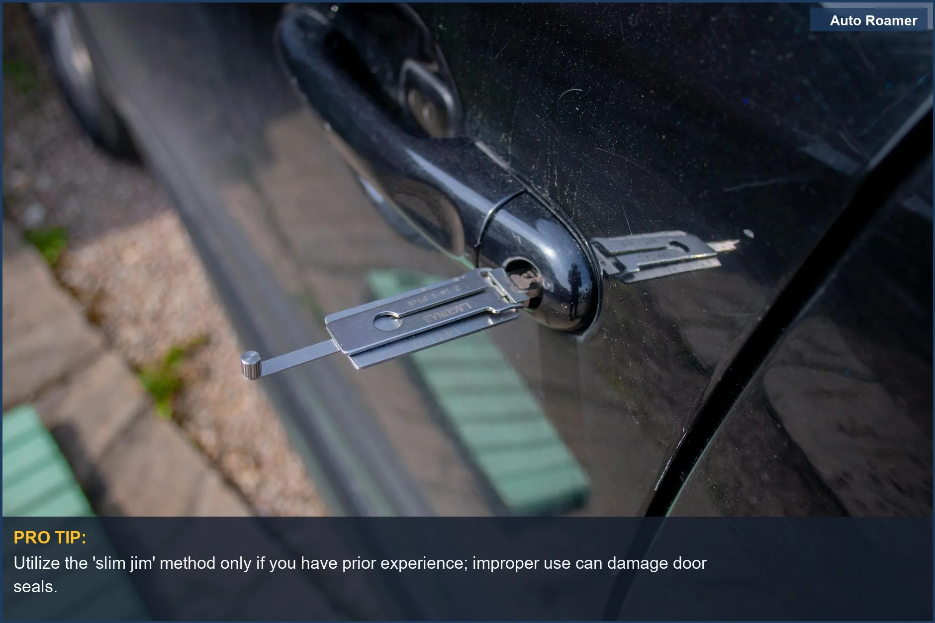 Locksmith tool inserted into a car door lock, showing how to unlock car without key.
