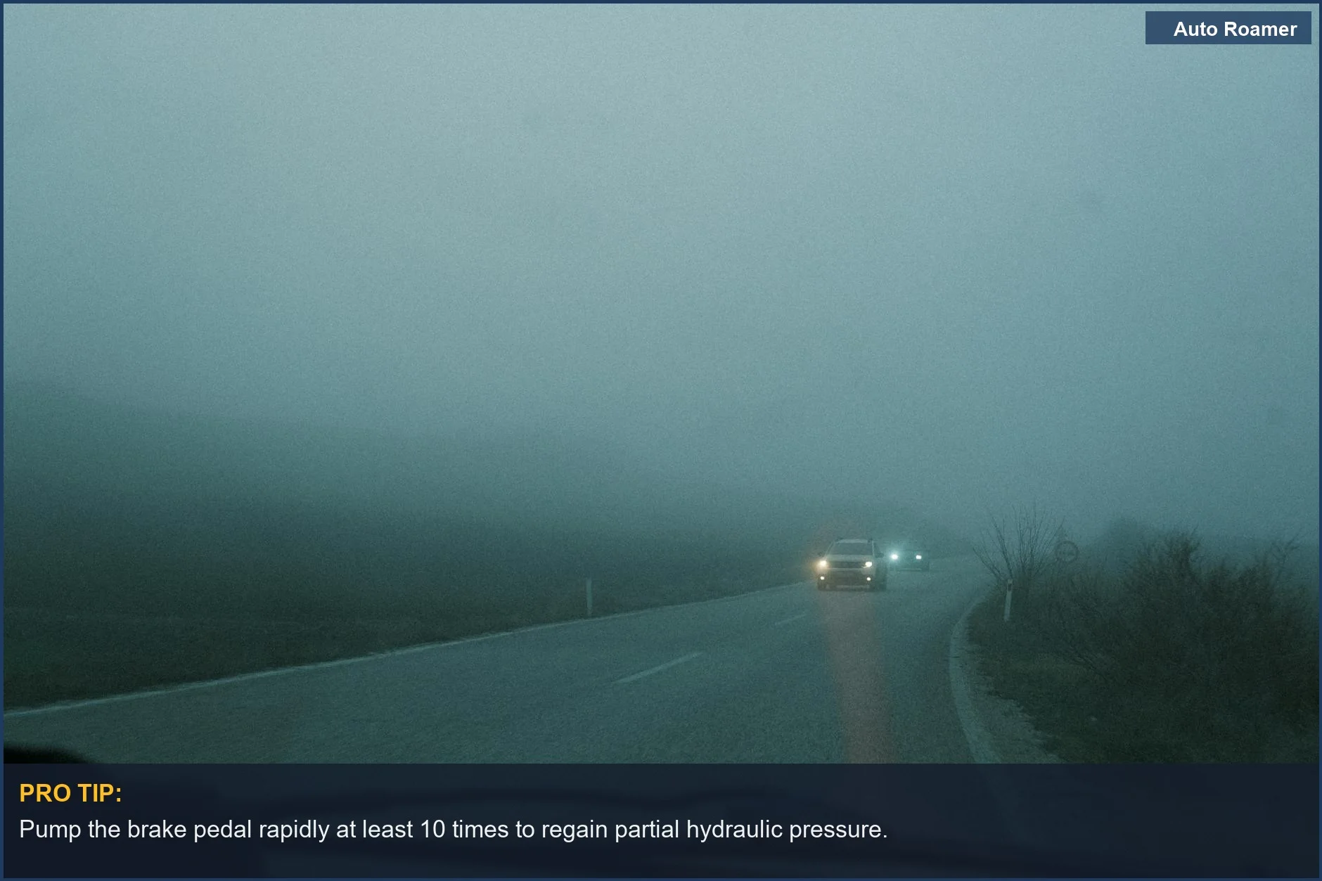 Cars with headlights on drive through dawn fog, highlighting low visibility during brake failure.