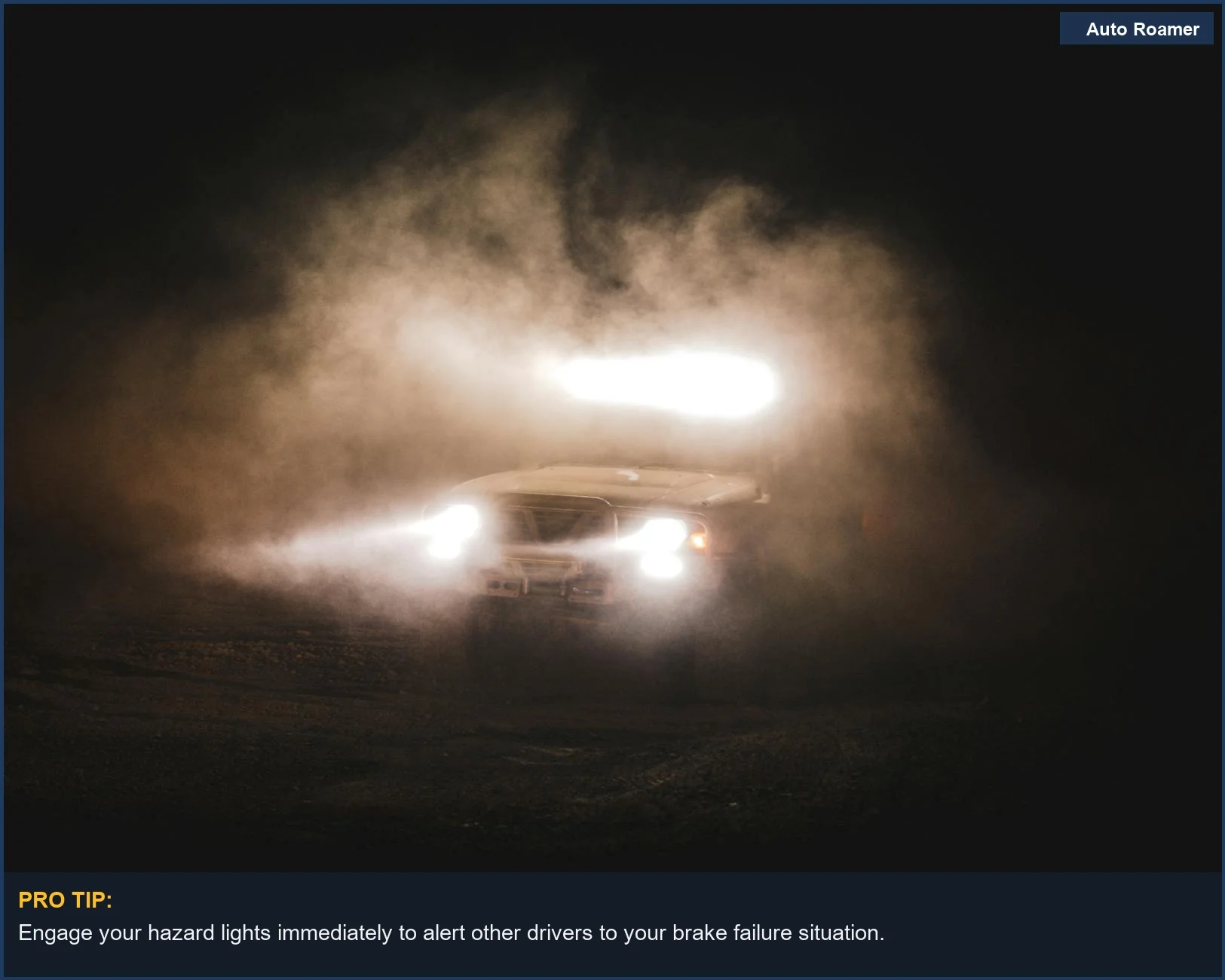 Bright headlights illuminate dense fog at night, illustrating the danger of losing control if brakes fail.