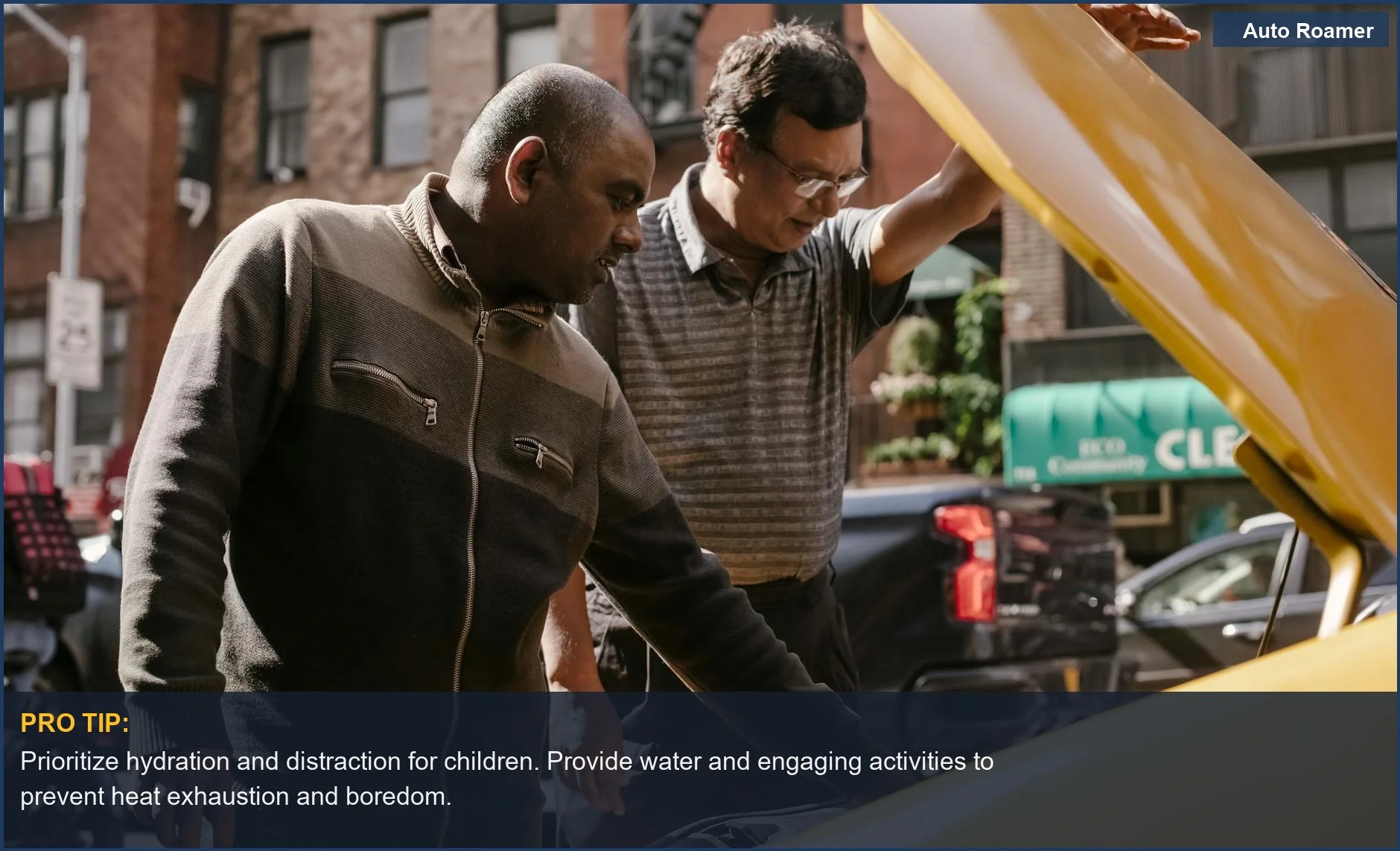Men inspecting a car engine, a scenario that can happen when dealing with a car breakdown with children.