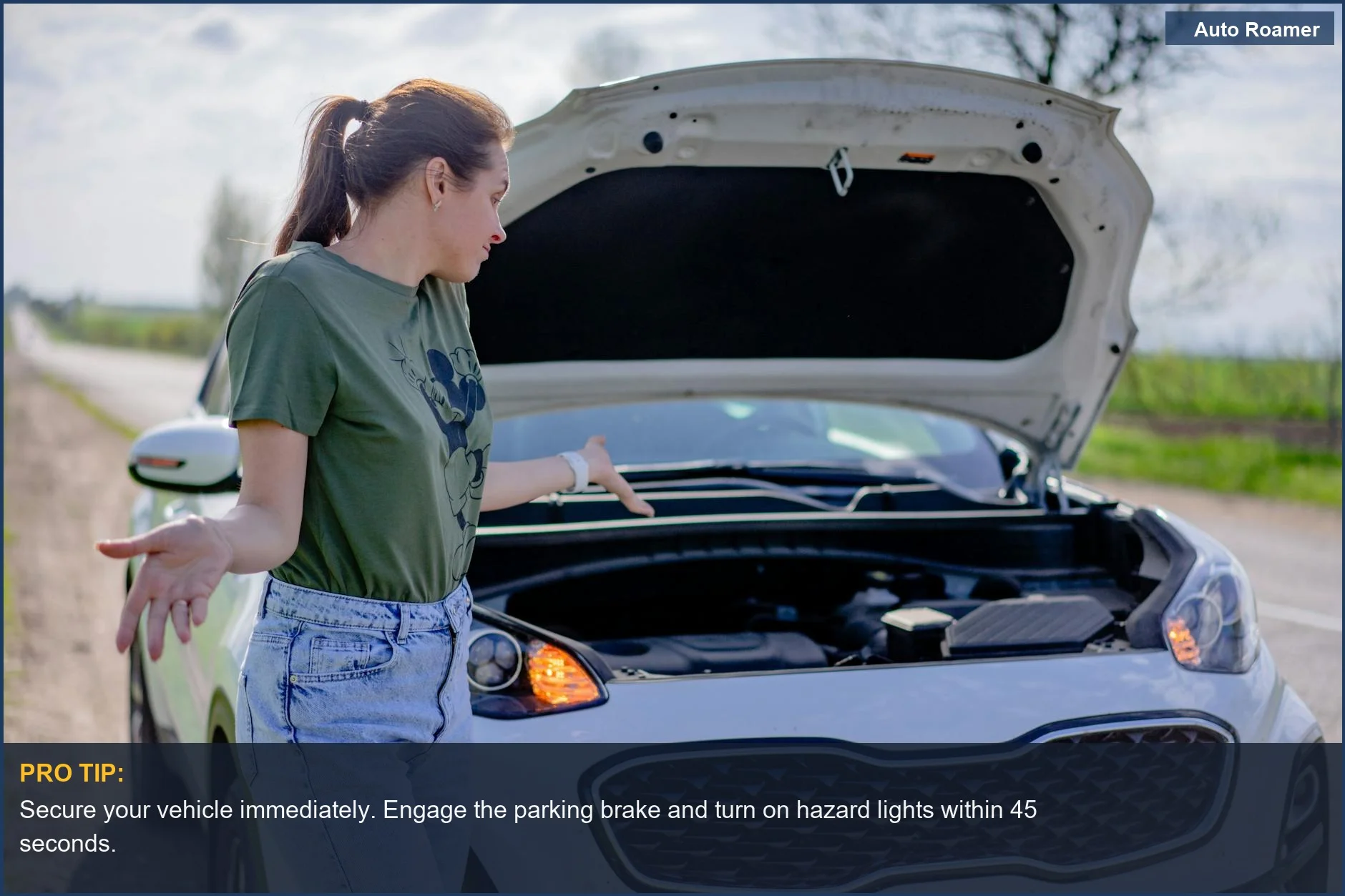 Confused woman examining a broken car with an open hood on a quiet rural road.