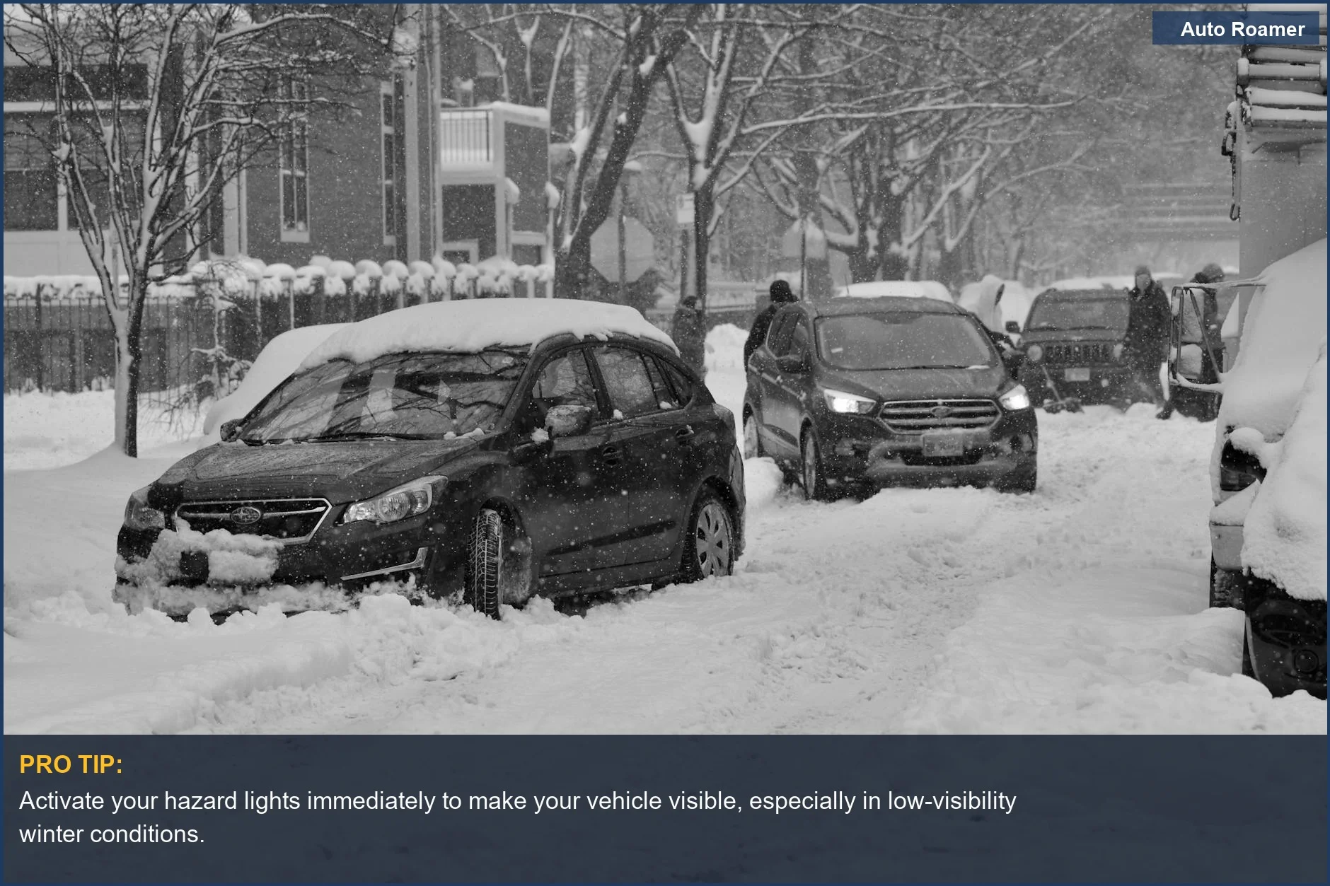 Multiple vehicles stuck in deep snow on a city street, illustrating a common winter driving hazard.