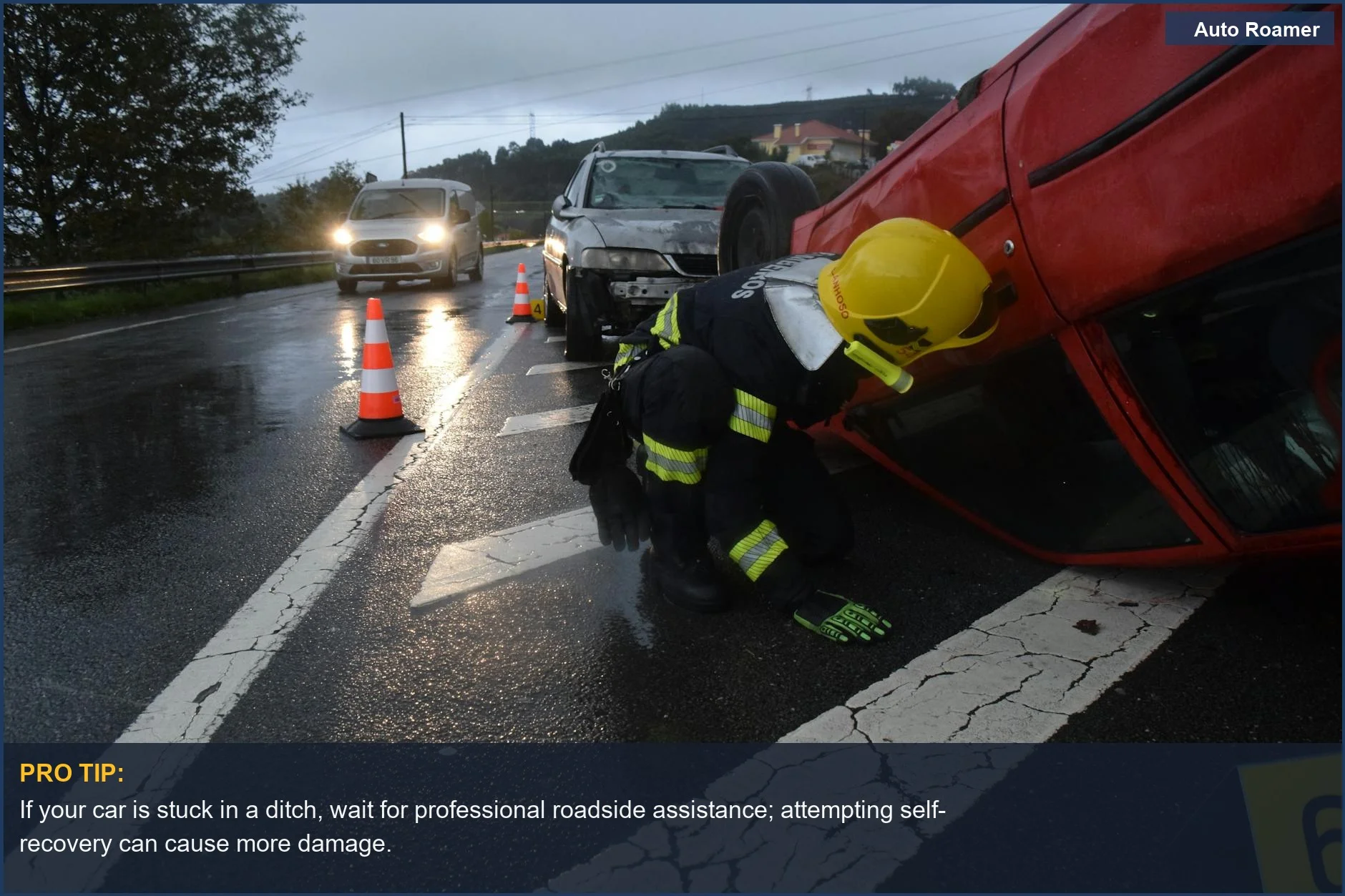Firefighter assisting an overturned car, emphasizing the need for professional vehicle off road recovery.
