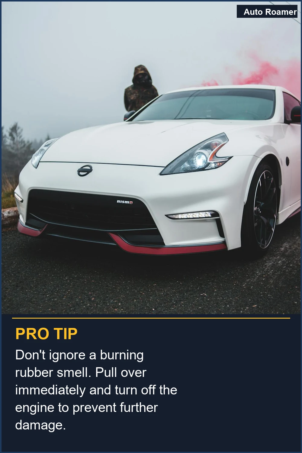 Don't ignore a burning rubber smell. Pull over immediately and turn off the engine to prevent further damage.