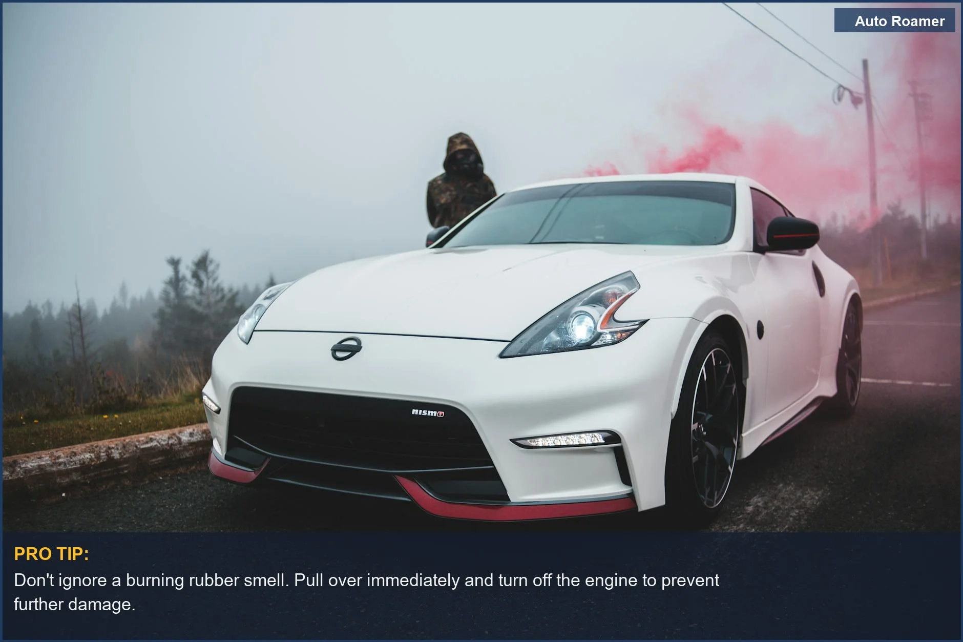 Person in gas mask near a white car covered in colored smoke, addressing the serious issue of car smells like burning rubber.