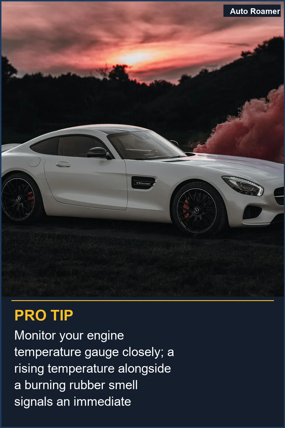 Monitor your engine temperature gauge closely; a rising temperature alongside a burning rubber smell signals an immediate overheating issue.