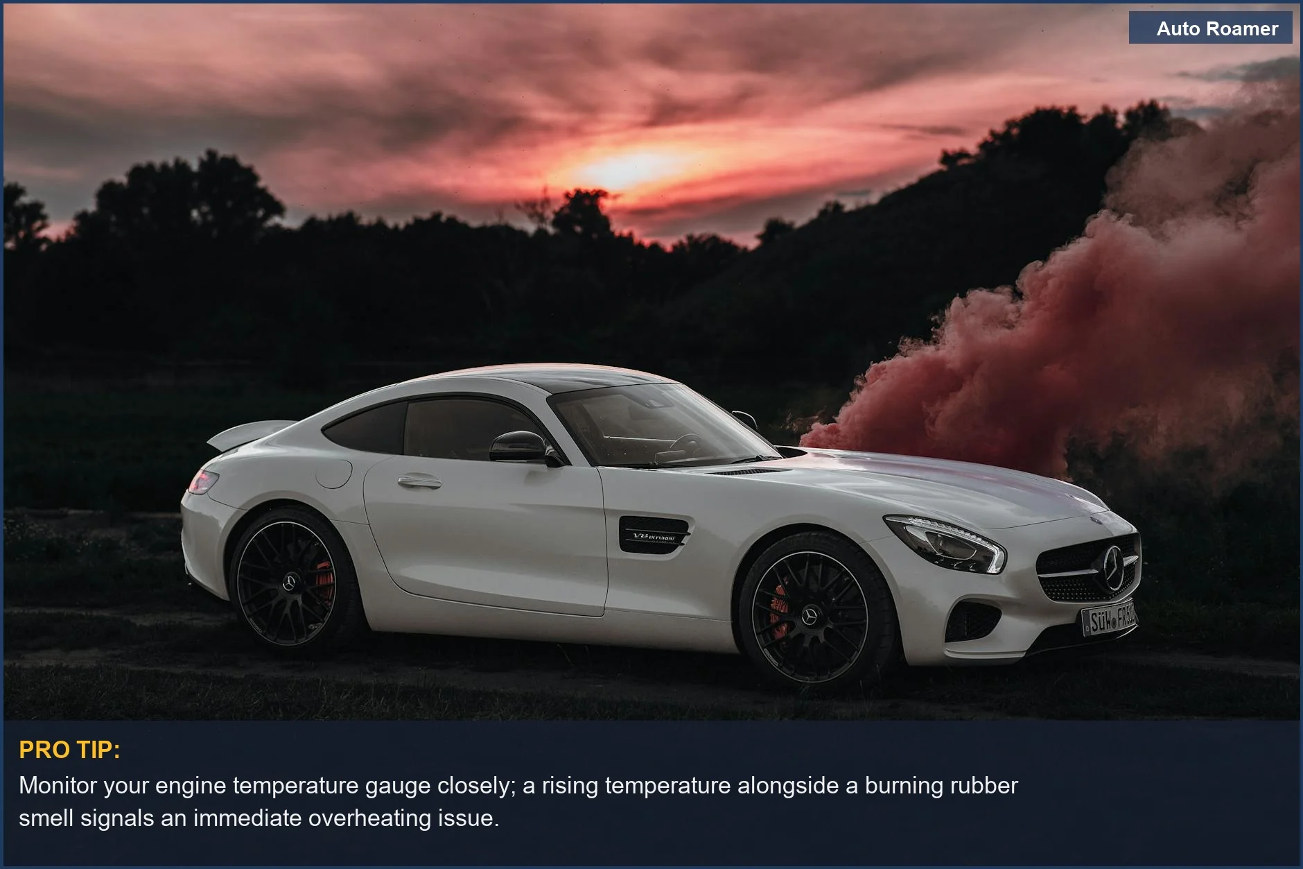 Sleek Mercedes sports car with red smoke, a dramatic visual of what to do if your car smells like burning rubber in summer.