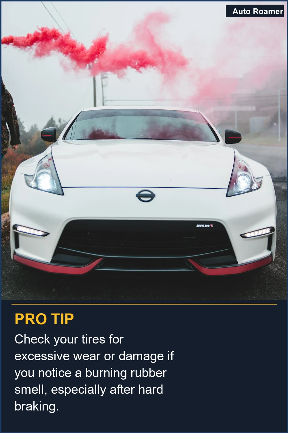 Check your tires for excessive wear or damage if you notice a burning rubber smell, especially after hard braking.