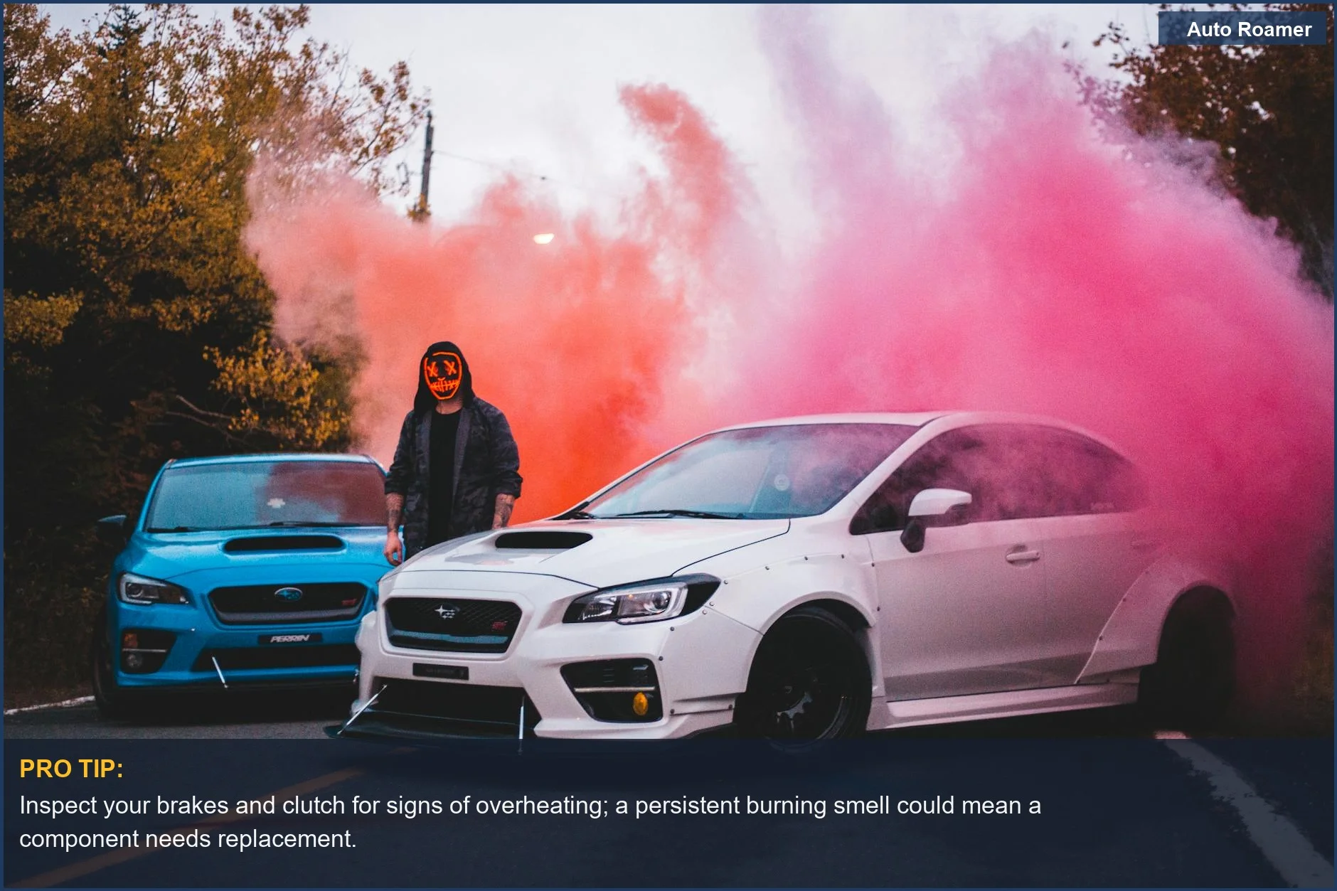 Urban car scene with colorful smoke and a masked person, illustrating what to do if your car smells like burning rubber.