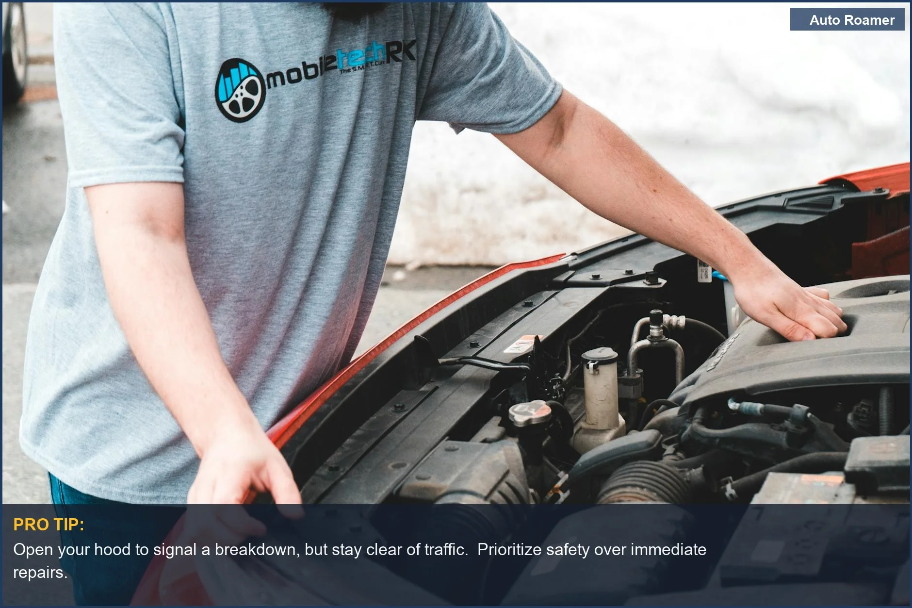 Man inspecting car engine on highway shoulder, addressing car stalled on highway emergency.