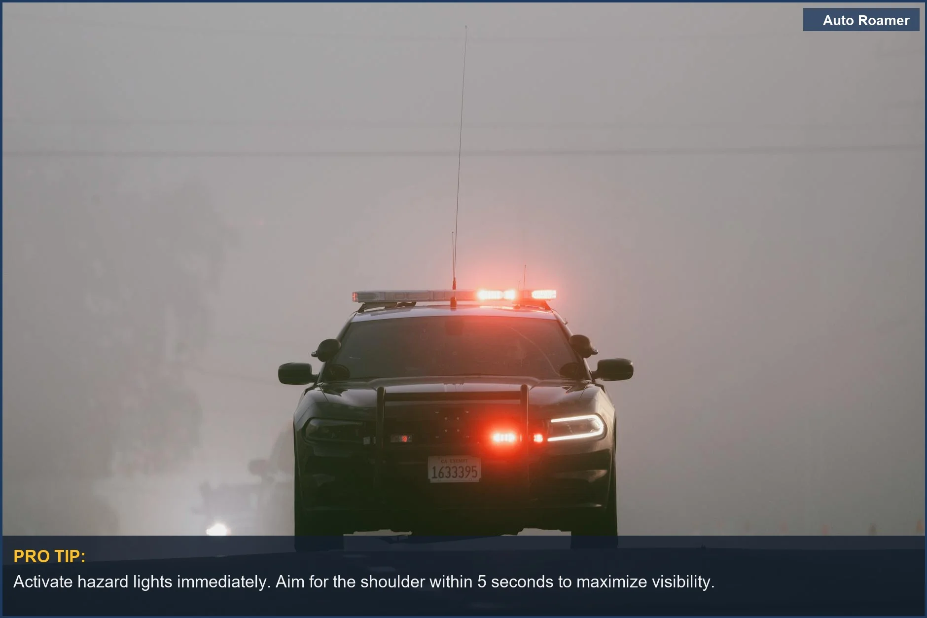 Police car with flashing red lights on foggy highway, indicating a serious engine died while driving highway incident.