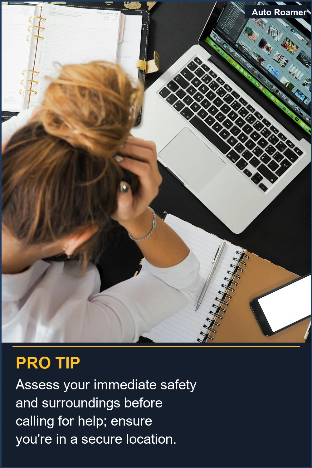 Assess your immediate safety and surroundings before calling for help; ensure you're in a secure location.