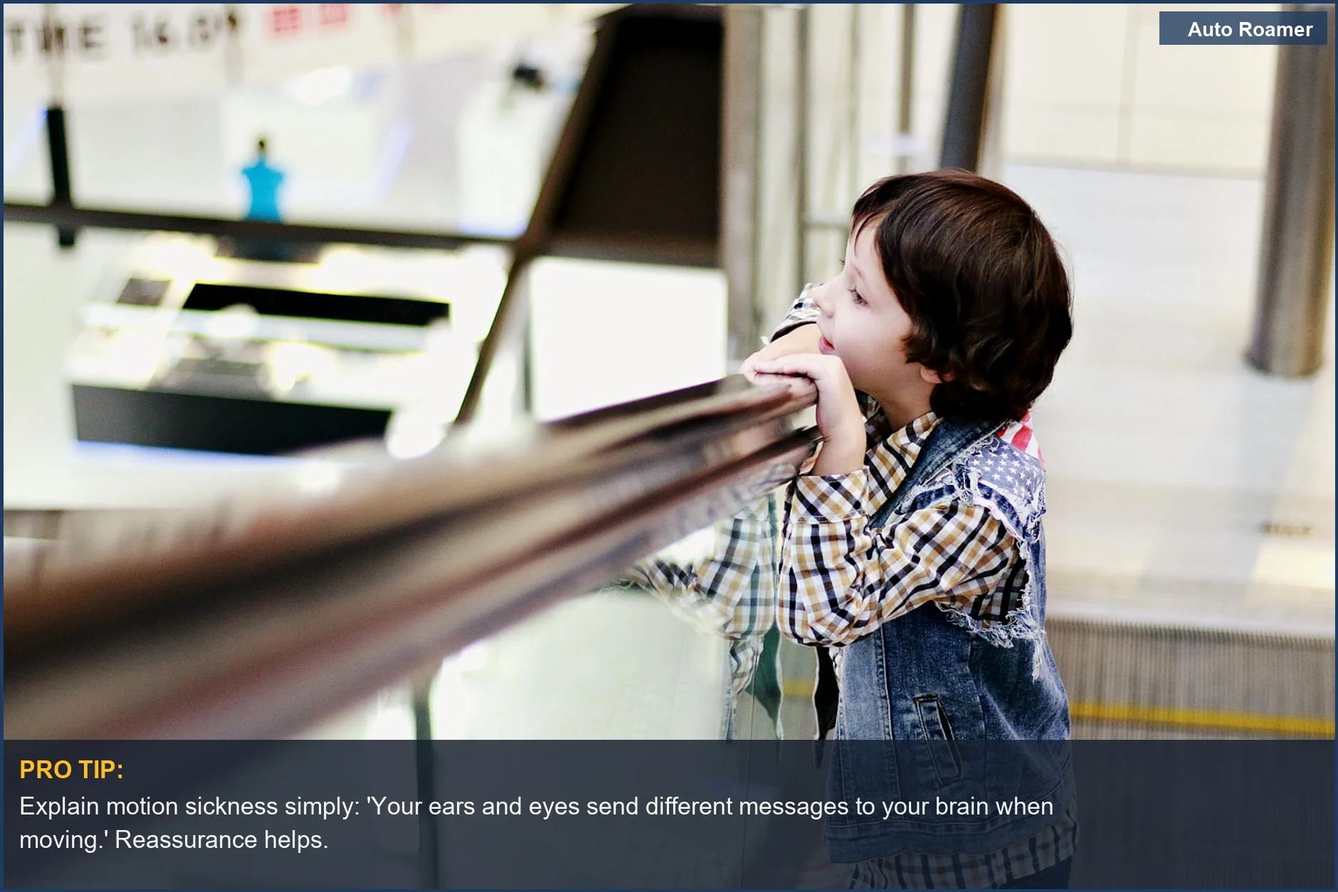 Young boy observing escalator, understanding motion sickness triggers in children during travel.