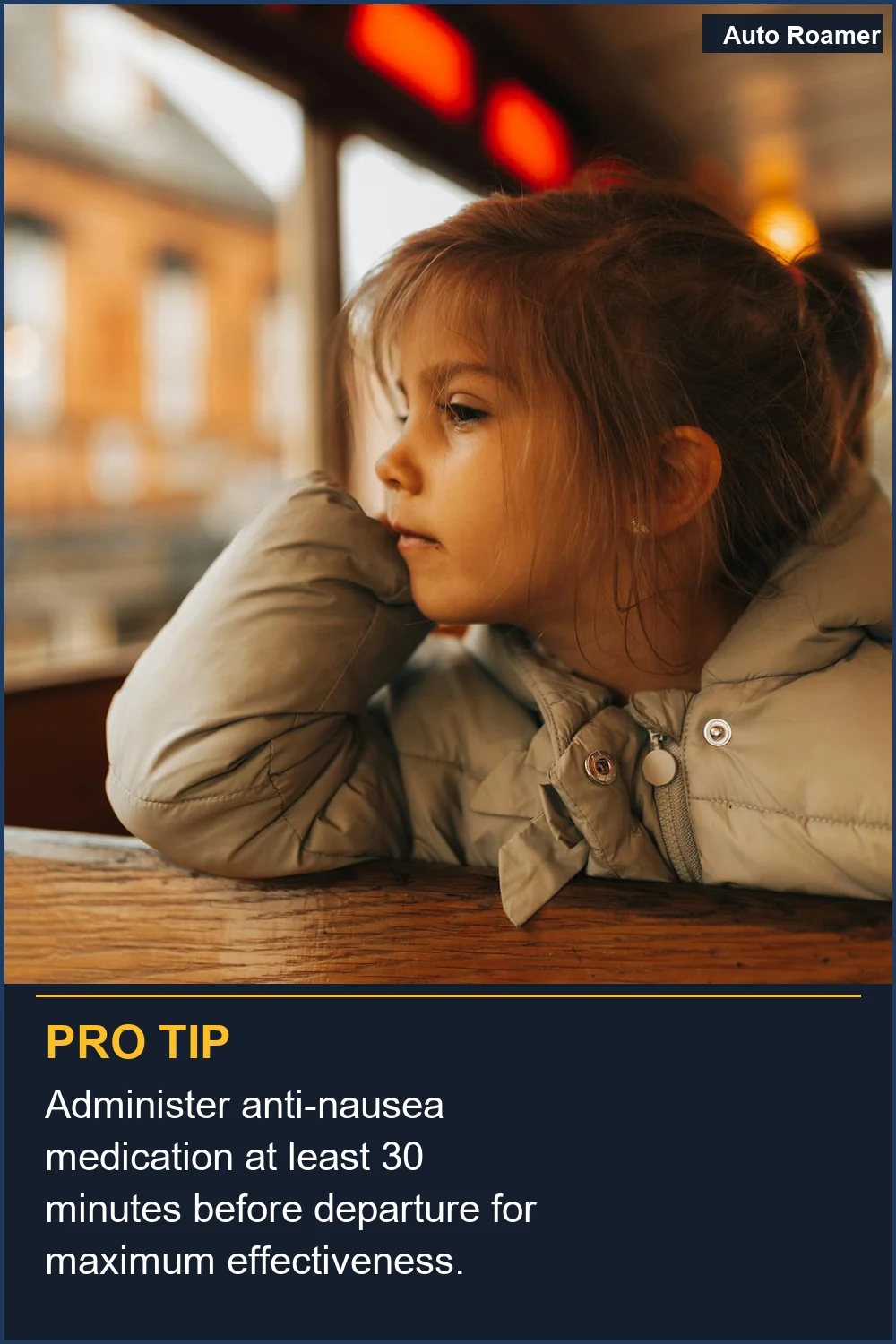 Administer anti-nausea medication at least 30 minutes before departure for maximum effectiveness.