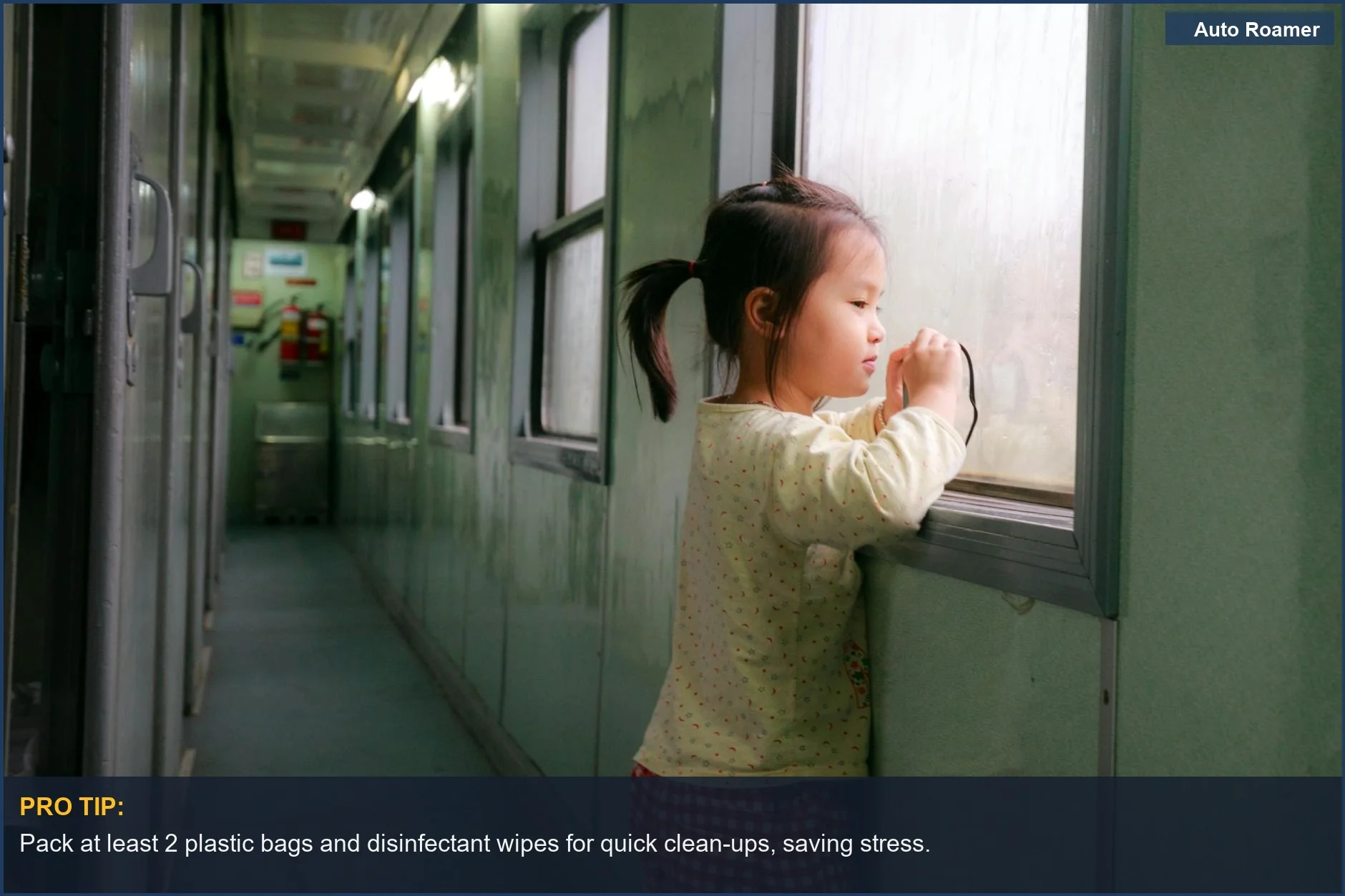 Girl by train window, contemplating travel solutions for frequent childhood car sickness.