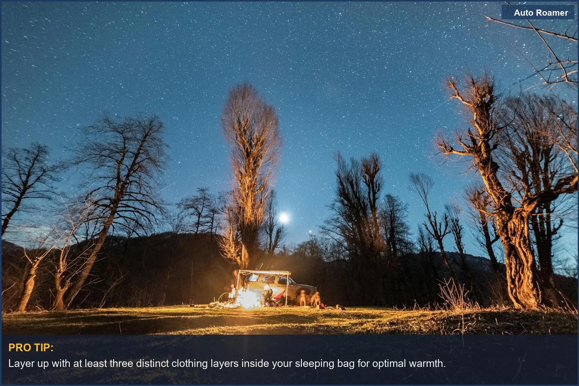 Cozy campsite with a bonfire under a starry sky, ideal for a first night camping.