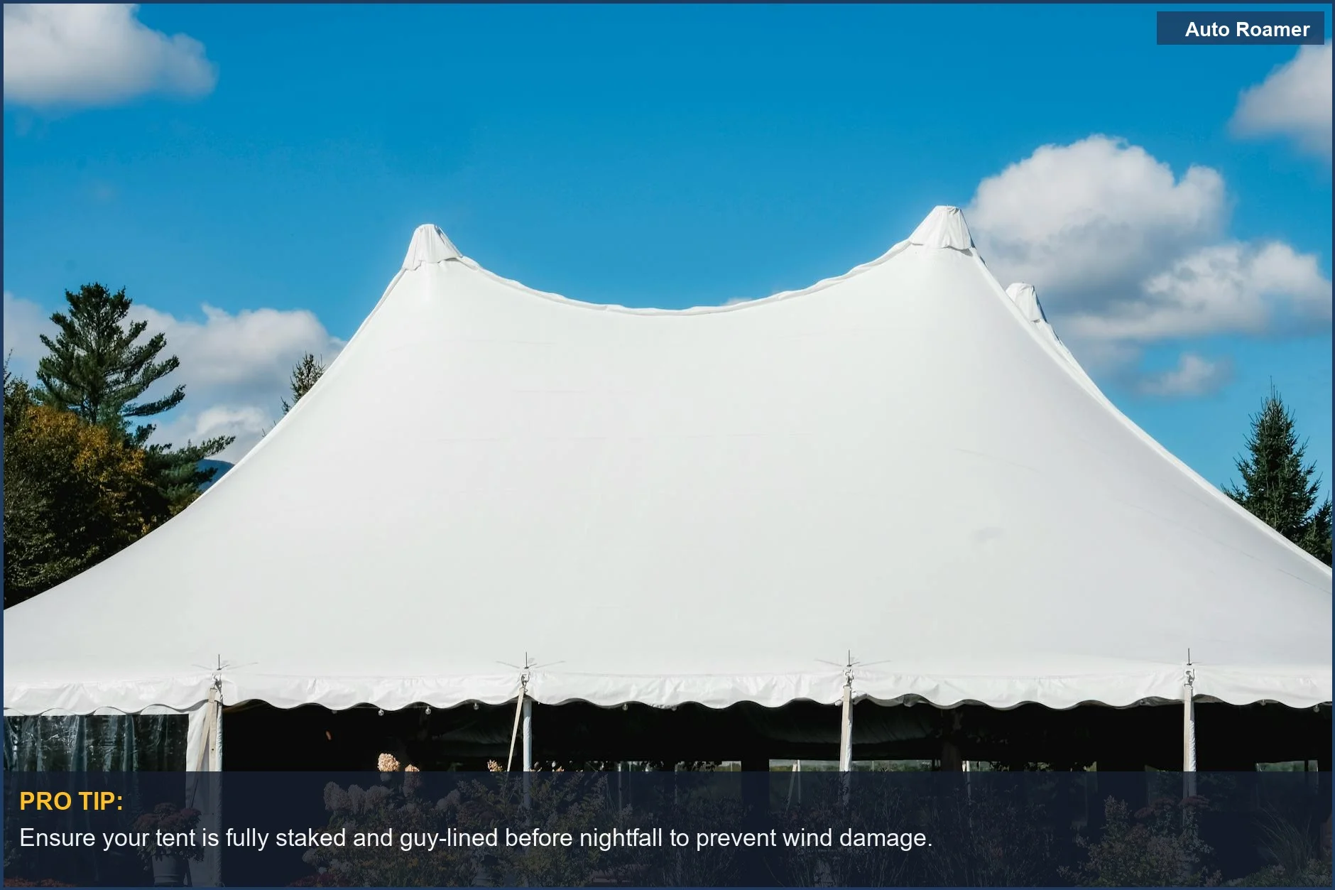 White camping tent under a bright blue sky, preparing for your first night camping experience.