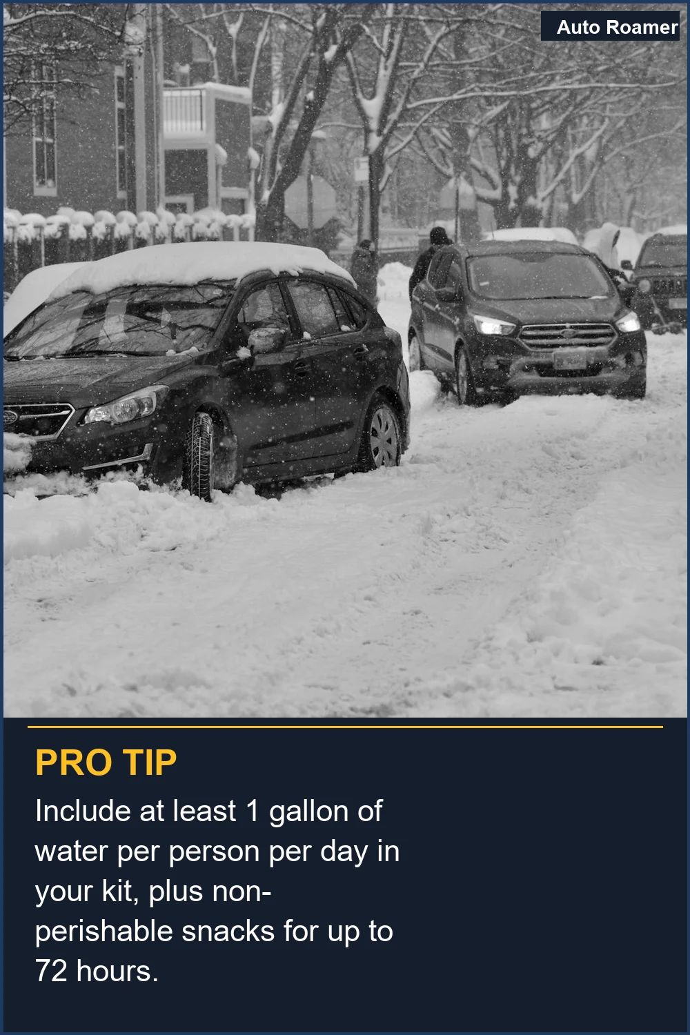 Include at least 1 gallon of water per person per day in your kit, plus non-perishable snacks for up to 72 hours.