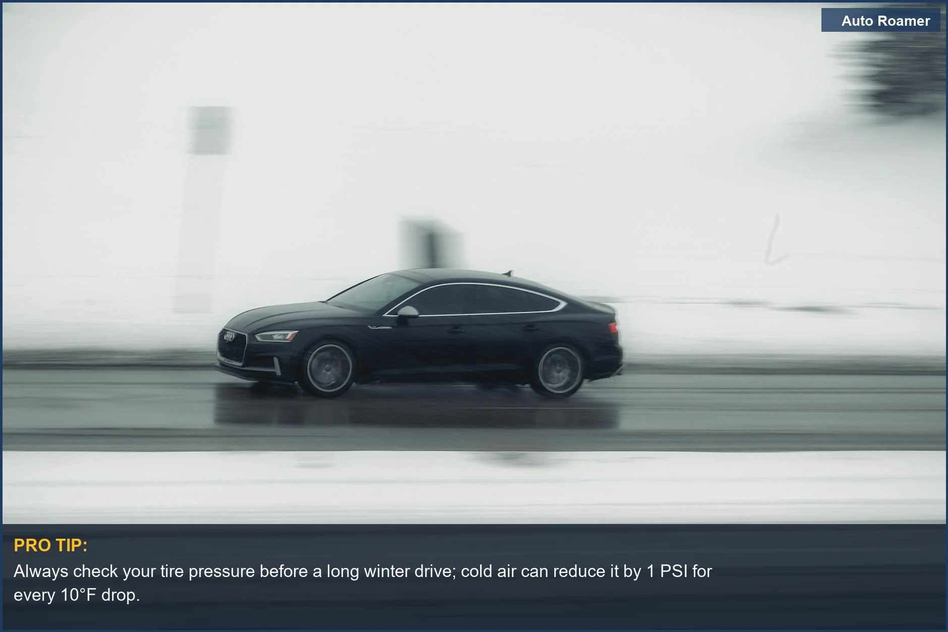 Black luxury car navigates a snowy road, highlighting the importance of winter driving essentials for safe travel.