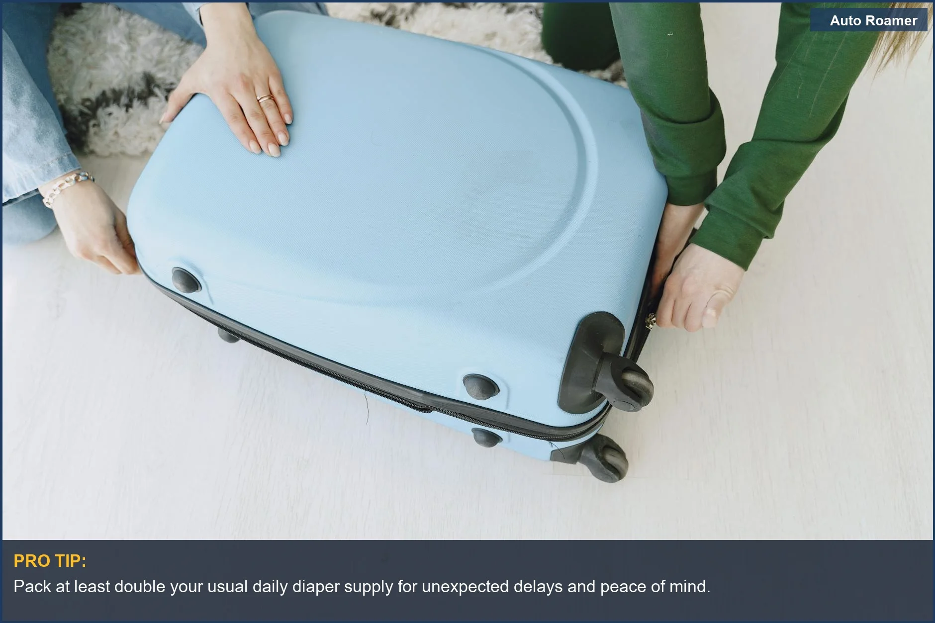 Friends packing a suitcase together, preparing for a baby travel essentials adventure.