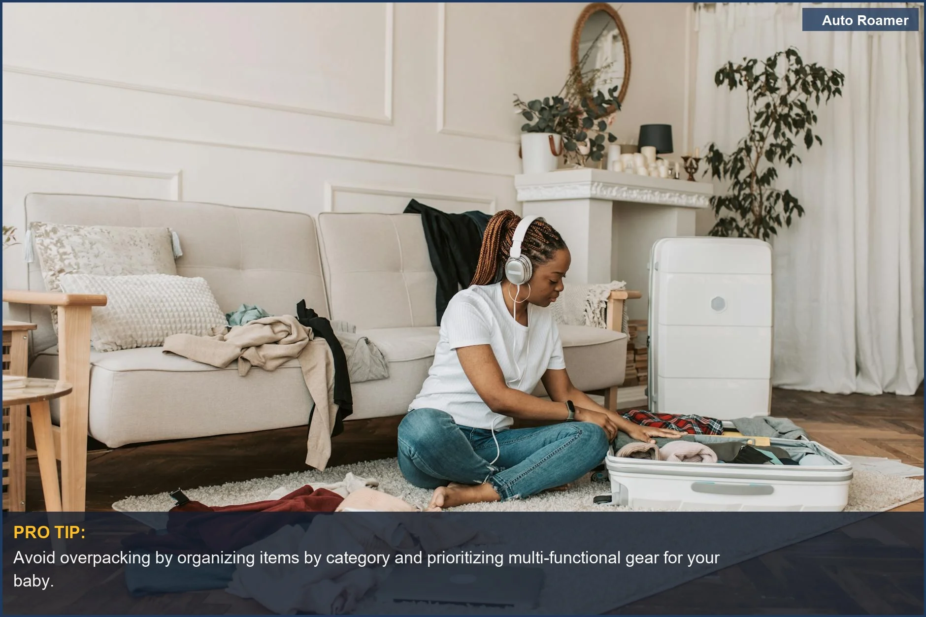 Woman with headphones packing a suitcase, preparing for a trip with baby travel checklist.