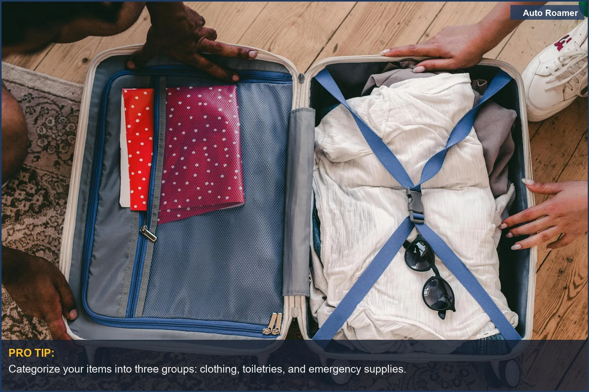 Neatly packed open suitcase showcasing travel essentials for a smooth road trip.