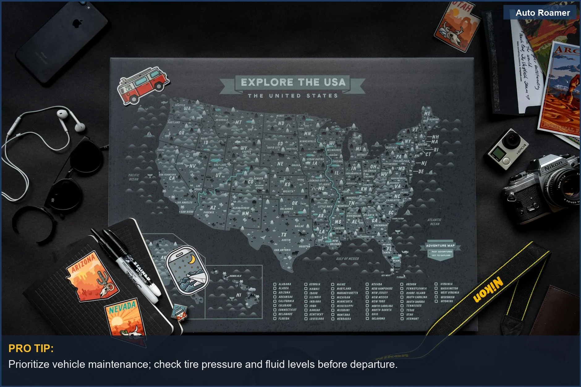 Flat lay of a USA map alongside travel gear, perfect for planning road trip adventures.