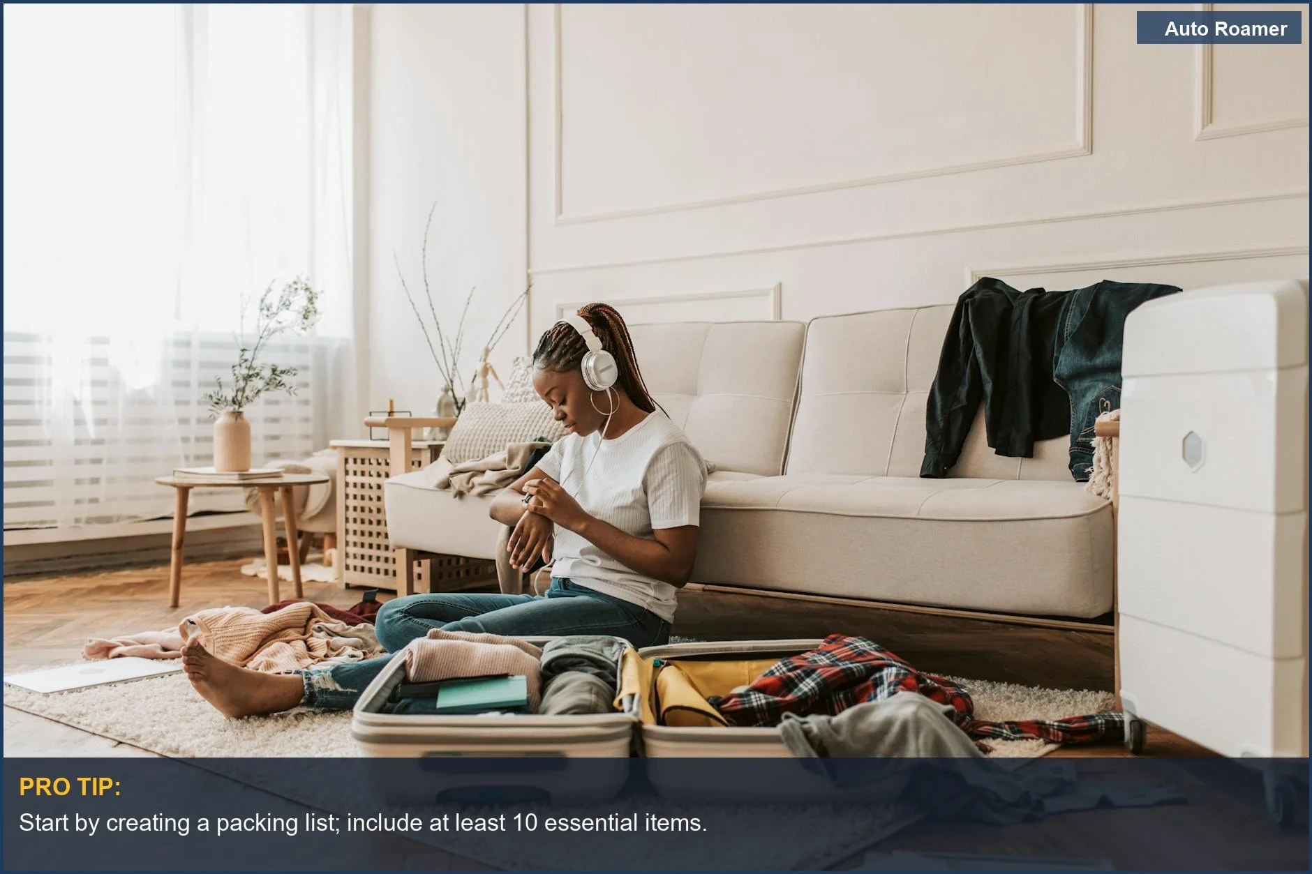 Young woman packing a suitcase at home, focused on what to pack for a road trip checklist.