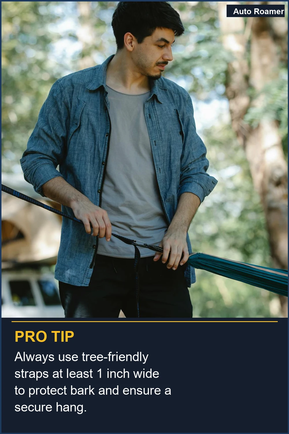 Always use tree-friendly straps at least 1 inch wide to protect bark and ensure a secure hang.