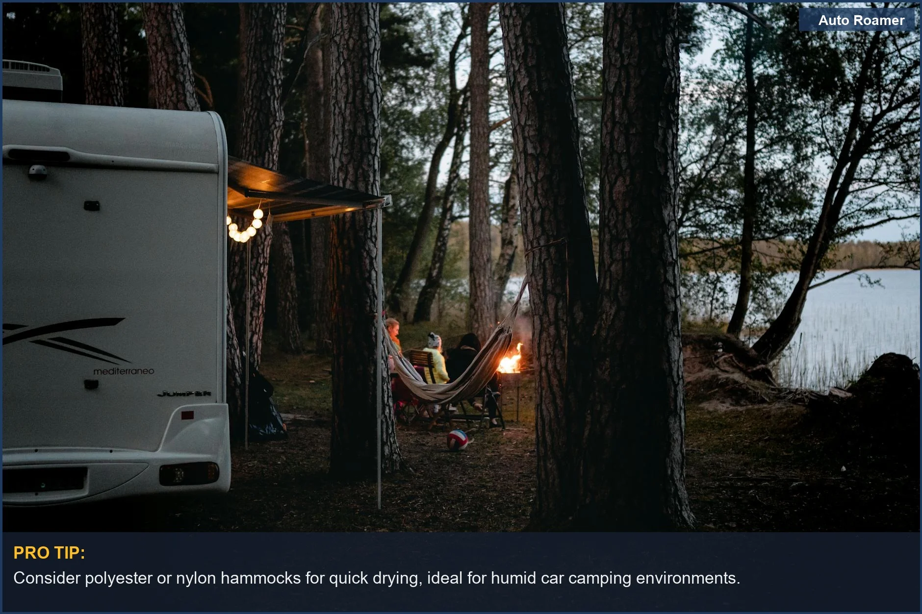 Cozy car camping setup with a van, tent, and lake, illustrating various hammock material considerations.