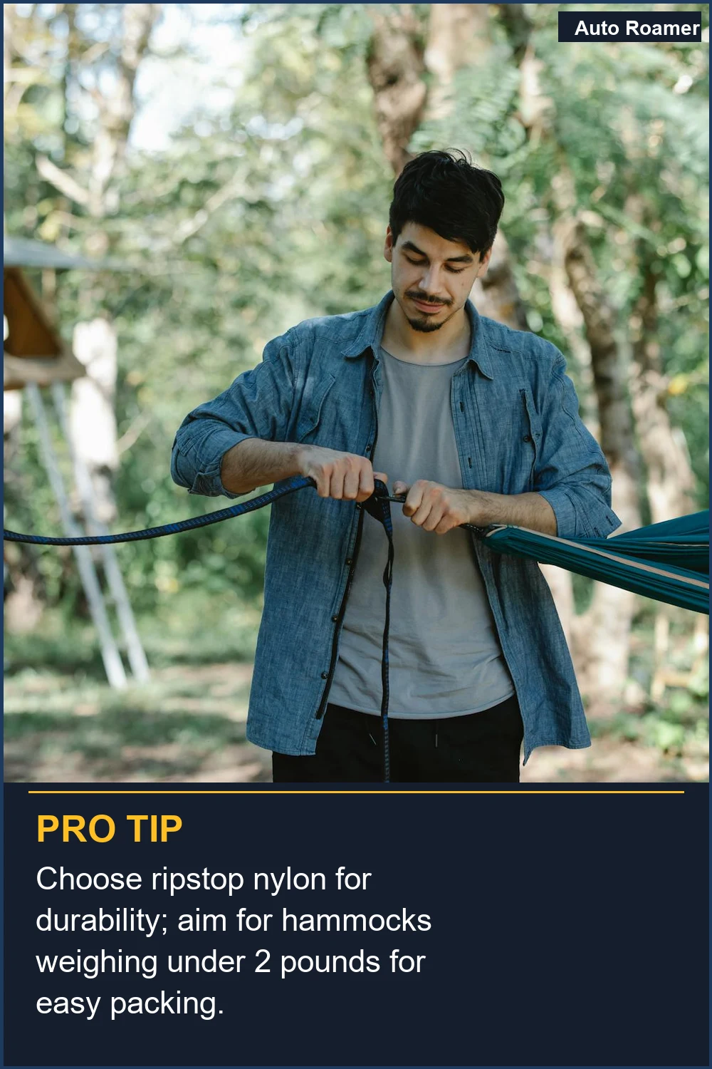 Choose ripstop nylon for durability; aim for hammocks weighing under 2 pounds for easy packing.