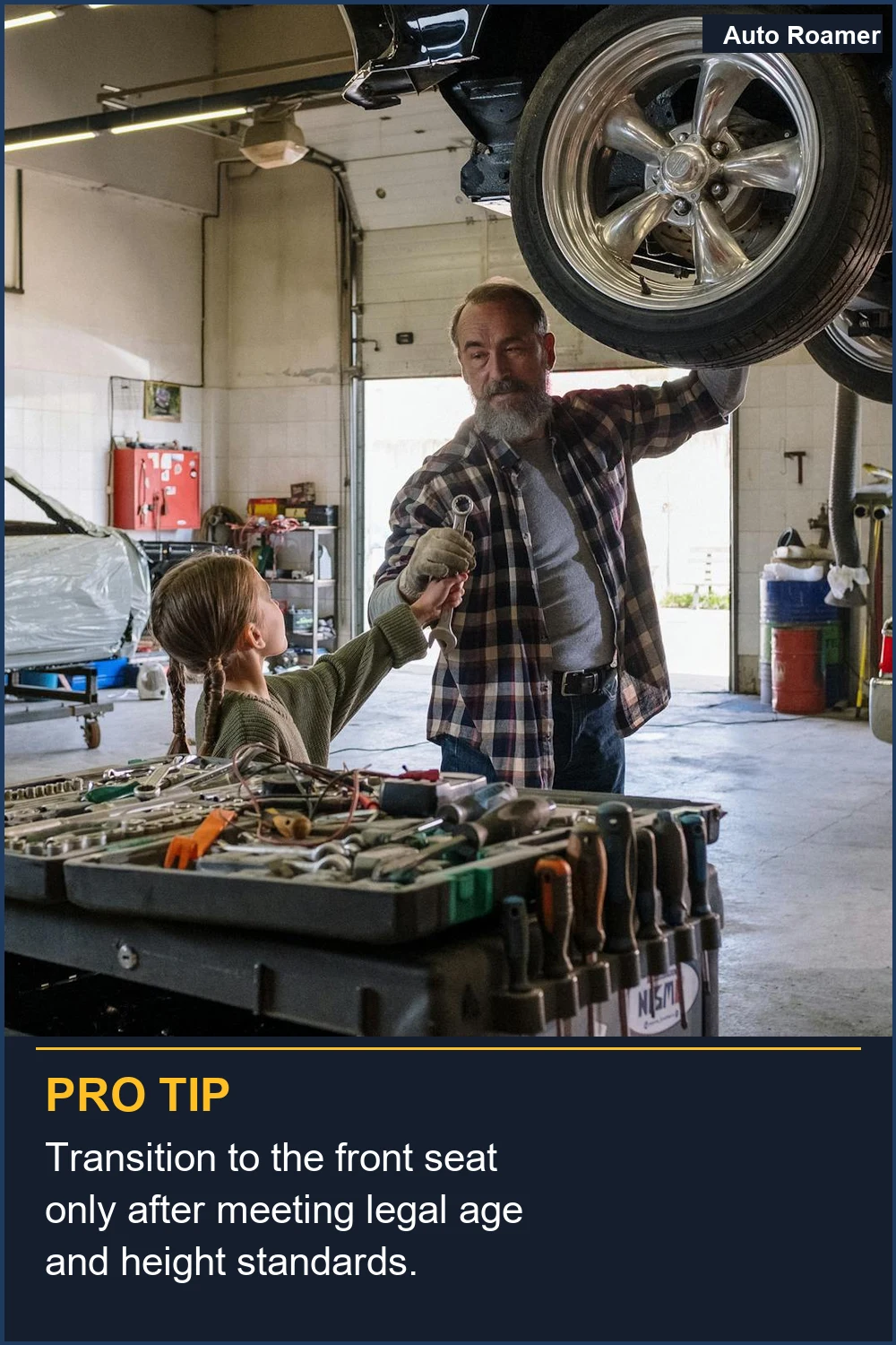 Transition to the front seat only after meeting legal age and height standards.