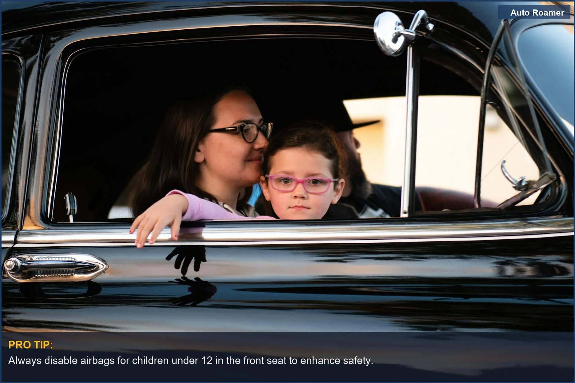 Mother and daughter enjoying a serene ride in a vintage automobile, highlighting safety considerations.
