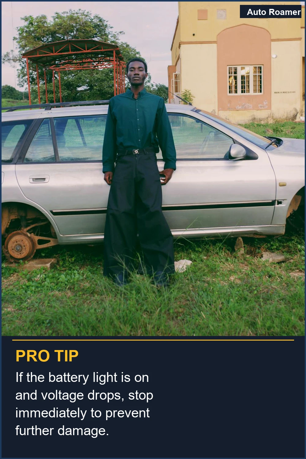 If the battery light is on and voltage drops, stop immediately to prevent further damage.