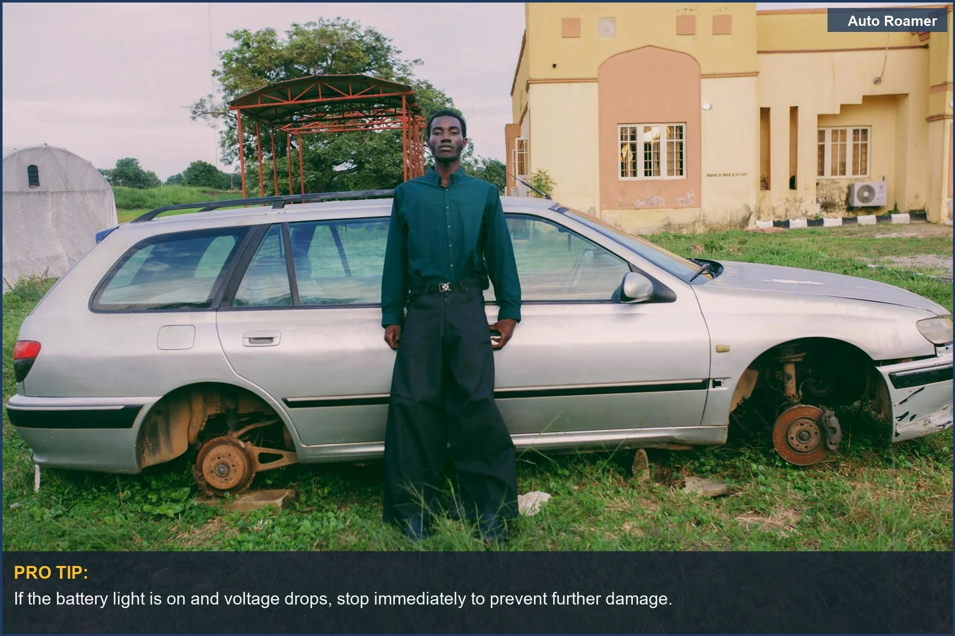 Man beside broken car in rural Nigeria, road trip gear issues.