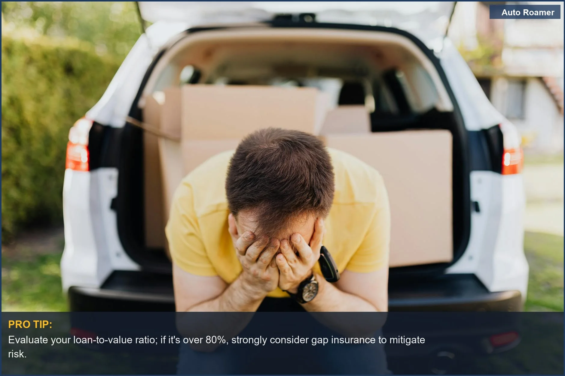 Frustrated person sits on car trunk, covering face, highlighting the financial stress of car ownership and when to buy gap insurance.