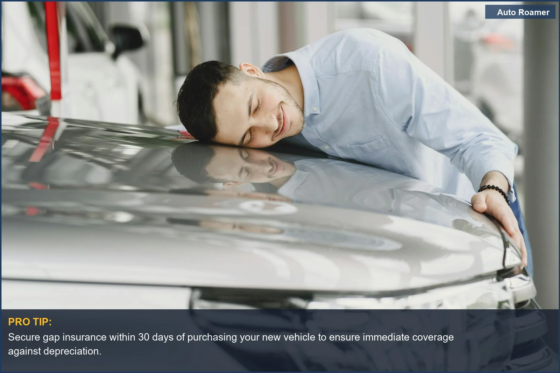 Man happily embraces his new car, illustrating the joy of a new vehicle purchase and considering gap insurance timing.