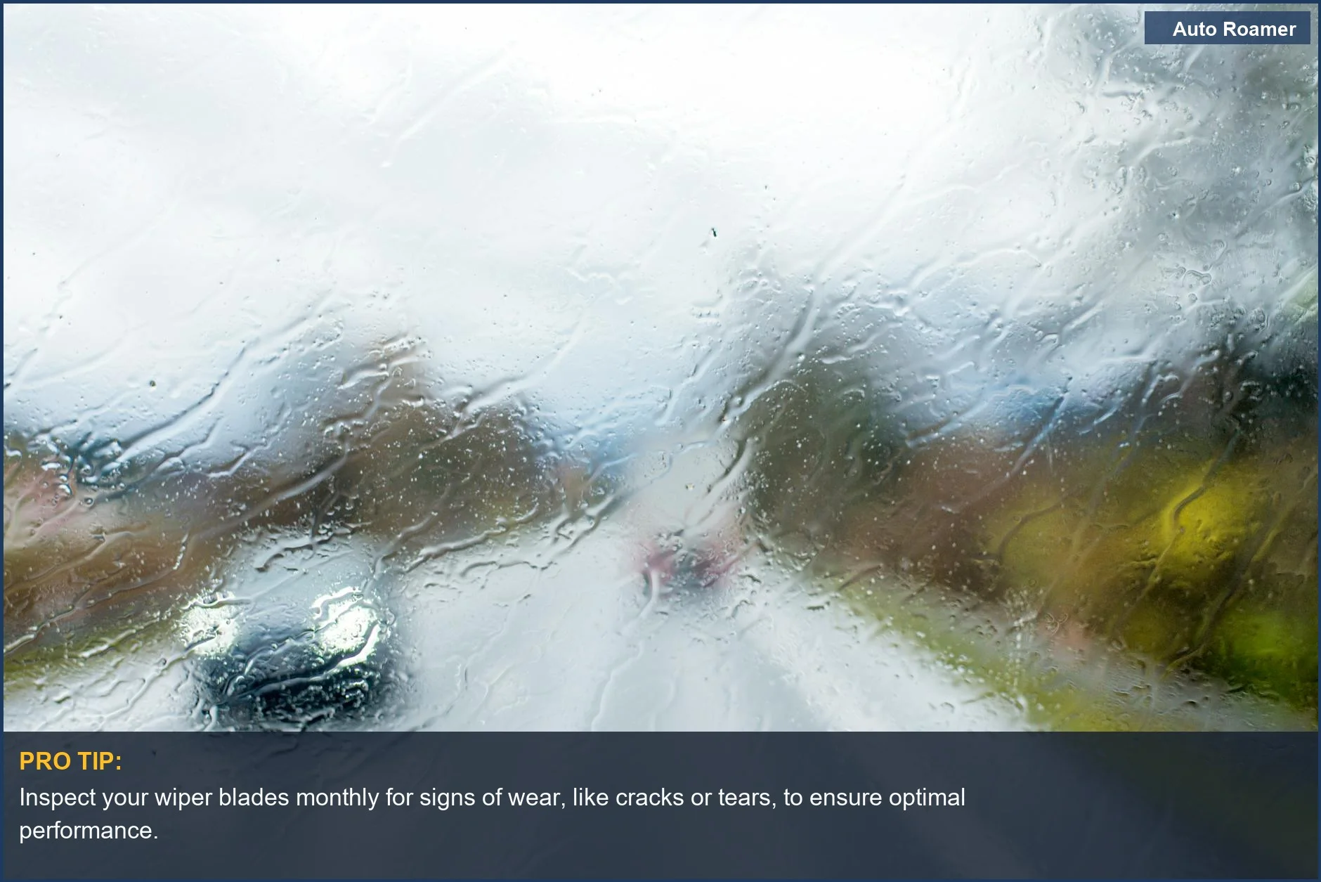 Driving through heavy rain on a highway, showing a blurred windshield and the importance of windshield wiper replacement signs.