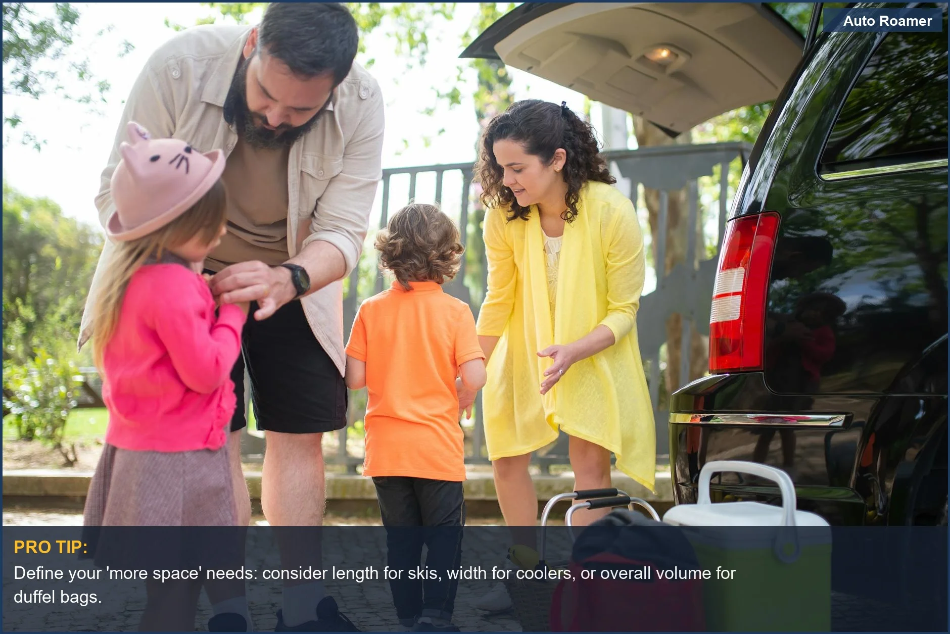 Happy family loading car for a day trip, weighing car space needs versus adding a roof box.