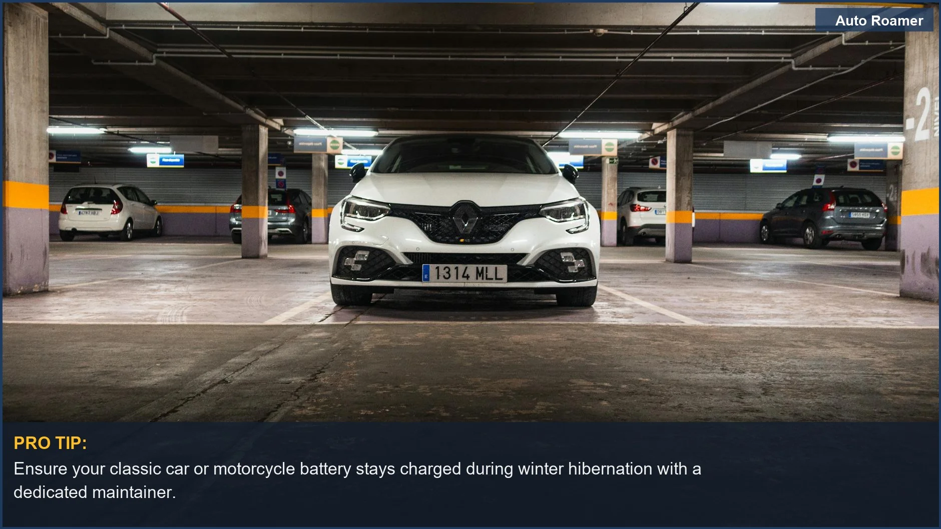 White Renault car in a multi-vehicle underground parking garage, essential for seasonal car storage.