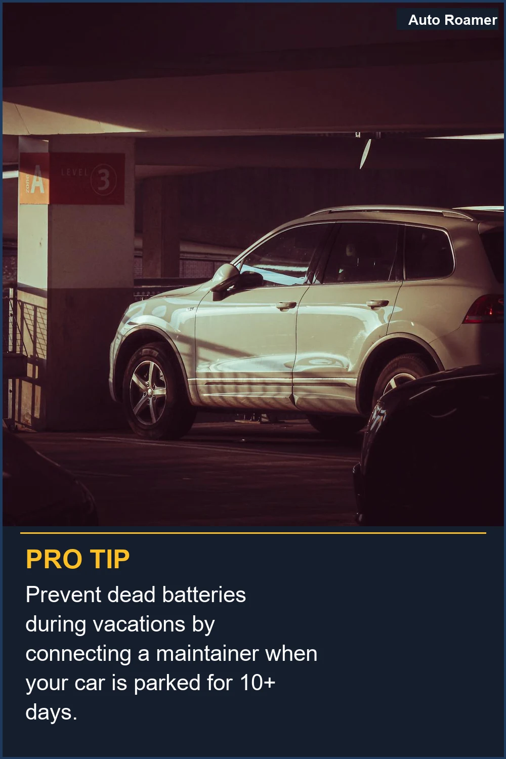 Prevent dead batteries during vacations by connecting a maintainer when your car is parked for 10+ days.