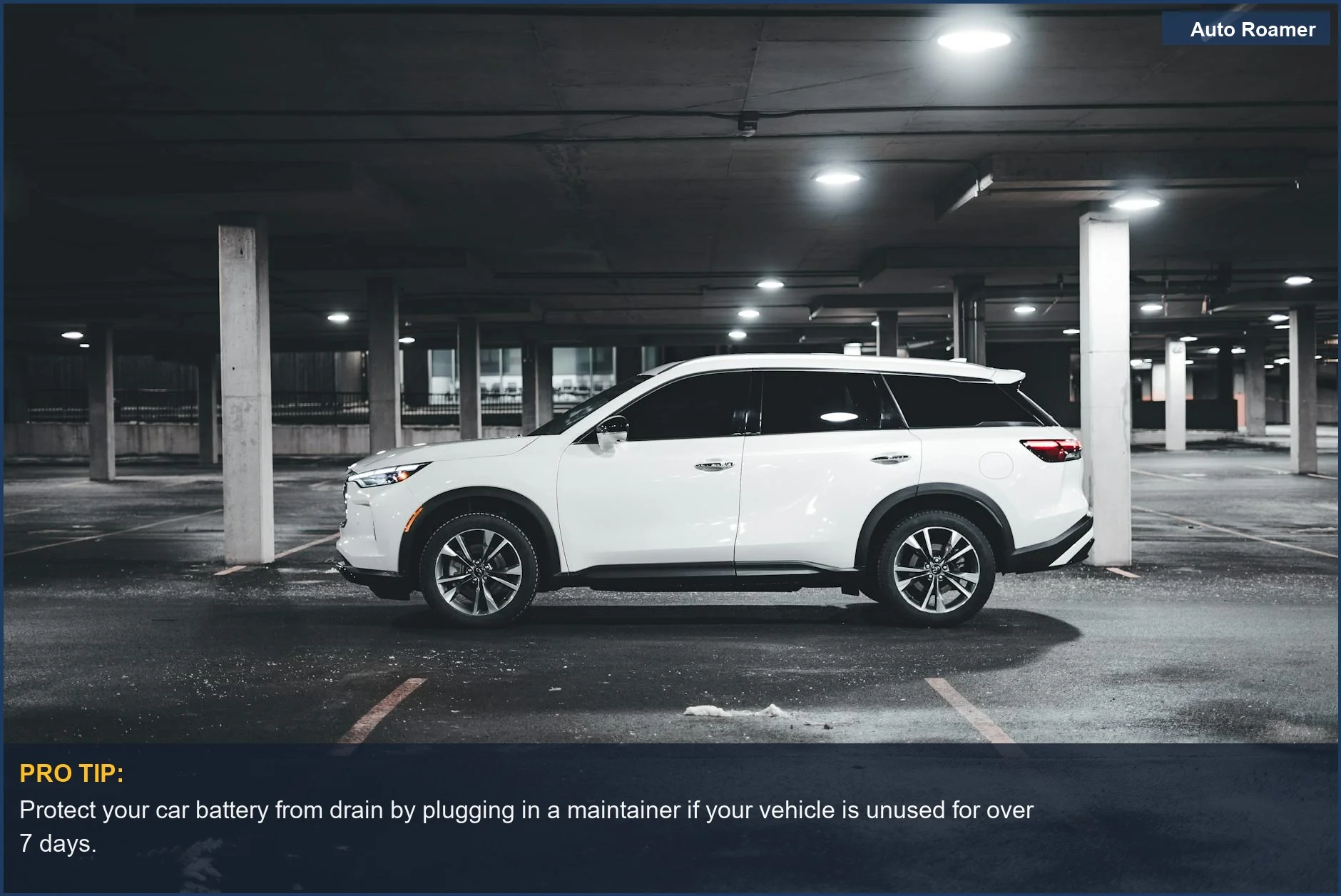 Stylish white SUV parked in an underground garage, ideal for long-term battery care.