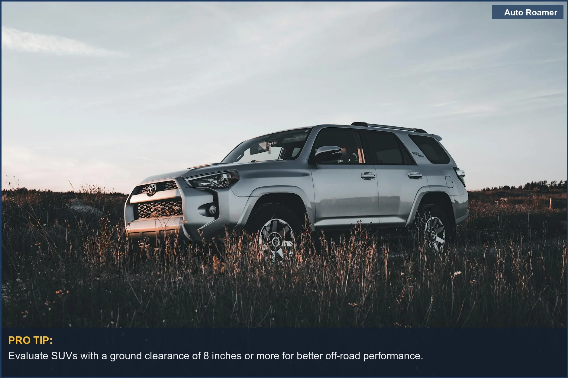 Silver Toyota 4Runner parked in rural area, showcasing rugged design for outdoor activities.