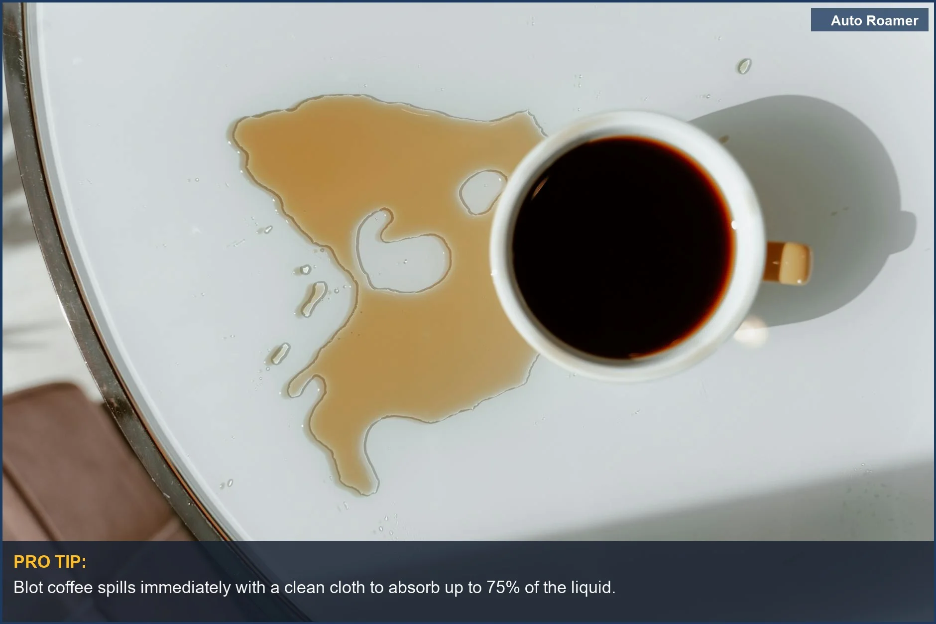 Overhead view of a coffee cup spill on a white surface, a common cause of car stain removal challenges.