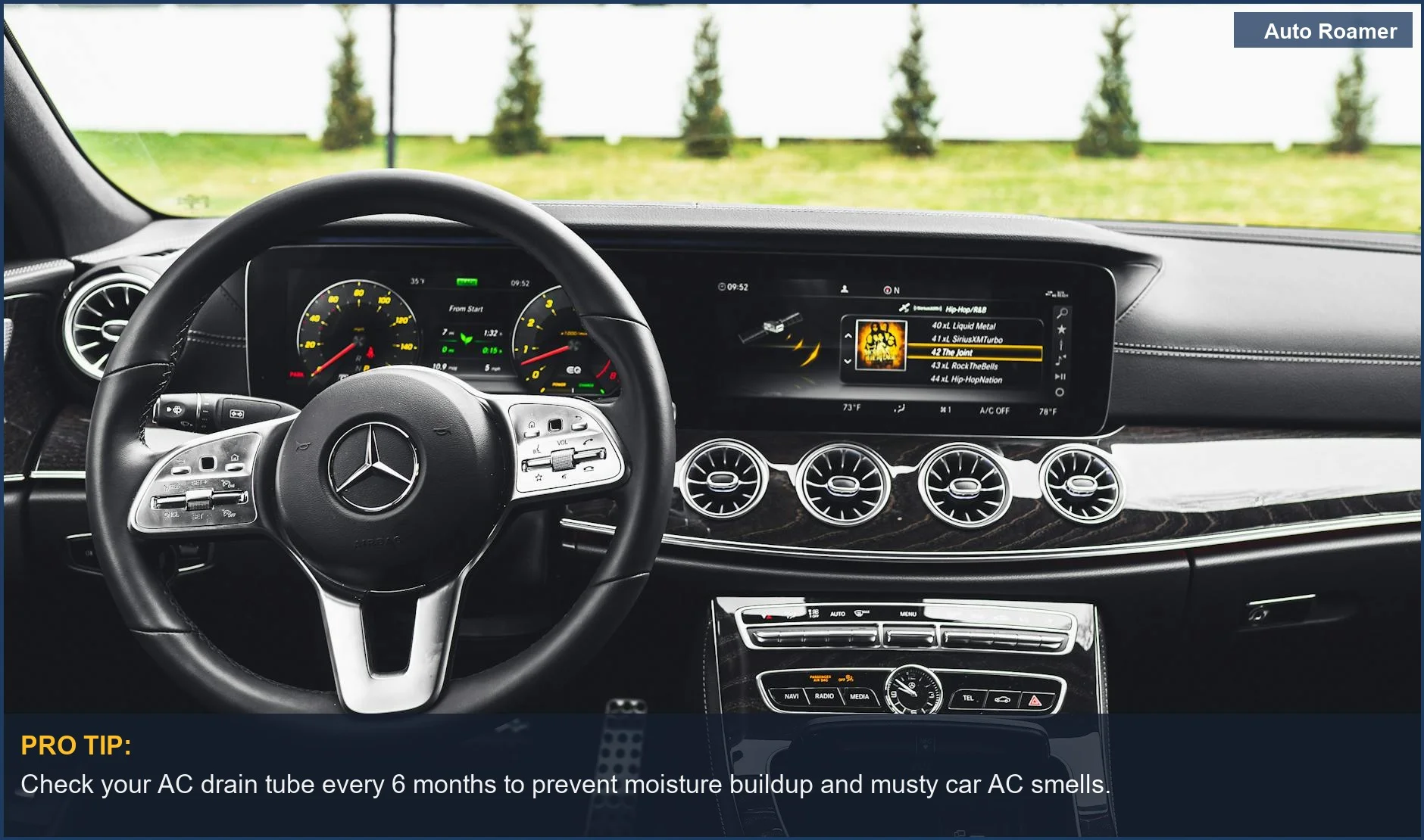 Luxurious Mercedes Benz interior highlighting advanced car AC controls and dashboard technology.
